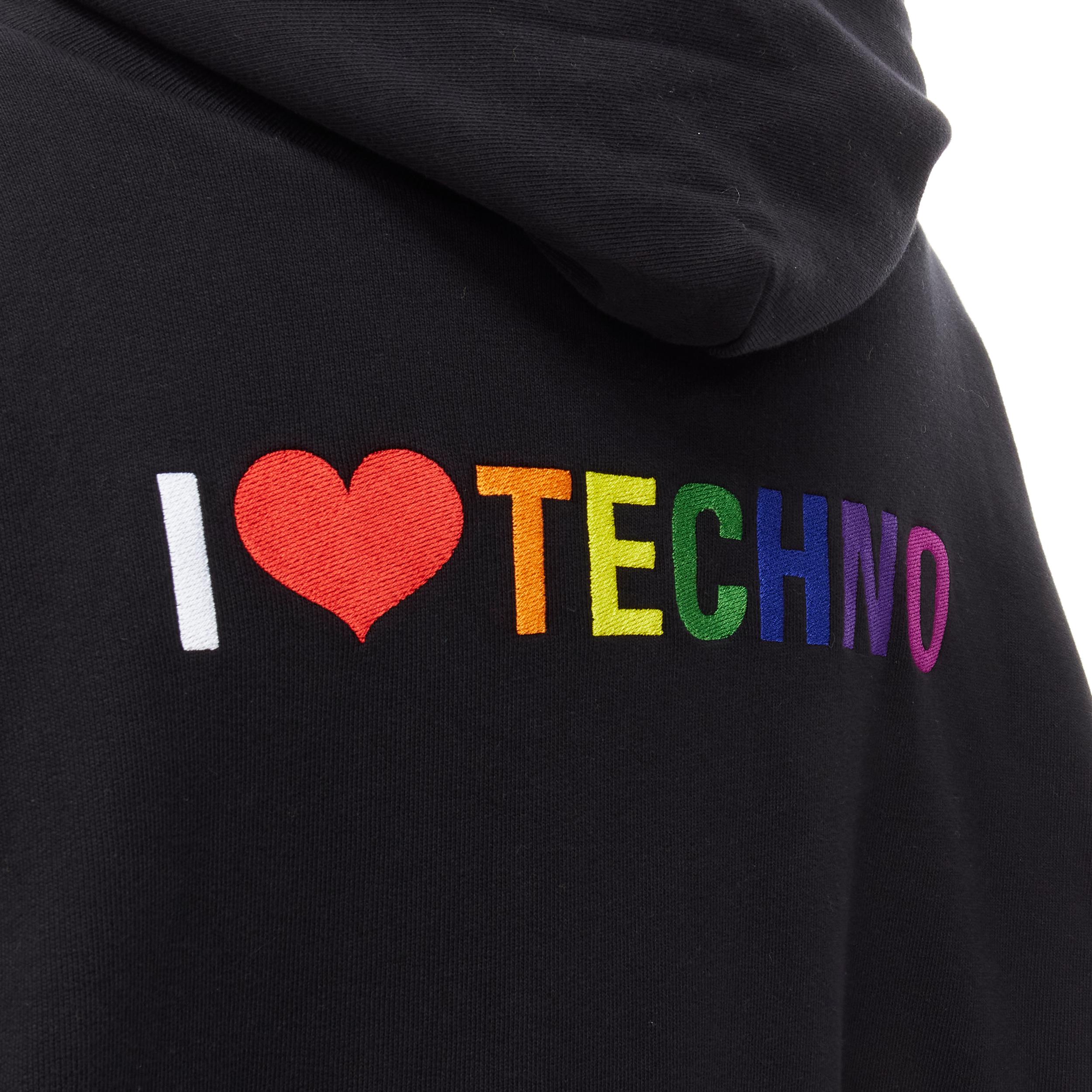 new BALENCIAGA 2018 Demna I Love Techno rainbow embroidered cotton hoodie L 
Reference: TGAS/C00479 
Brand: Balenciaga 
Designer: Demna 
Collection: 2018 
Material: Cotton 
Color: Black 
Pattern: Solid 
Closure: Snap 
Extra Detail: Black heavy