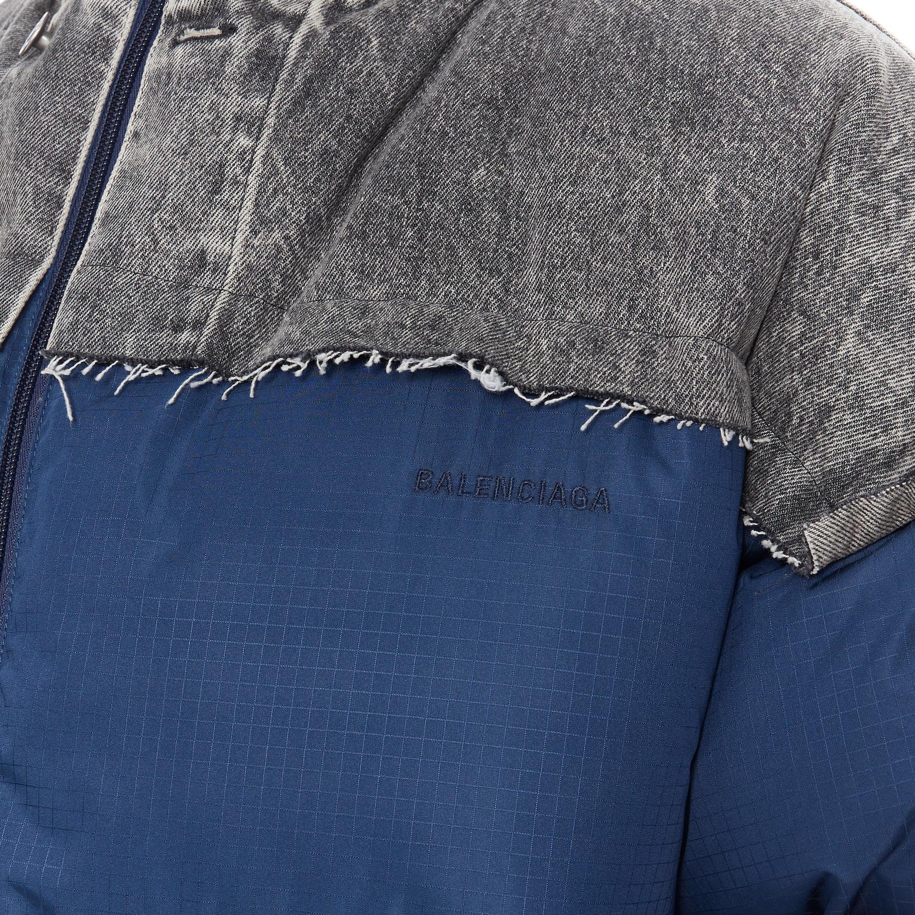 new BALENCIAGA 2018 Fake Layering blue grey denim oversized down puffer XS 
Reference: TGAS/B01543 
Brand: Balenciaga 
Designer: Demna Gvasalia 
Collection: 2018 
Material: Nylon 
Color: Blue 
Pattern: Solid 
Closure: Zip 
Extra Detail: Navy blue