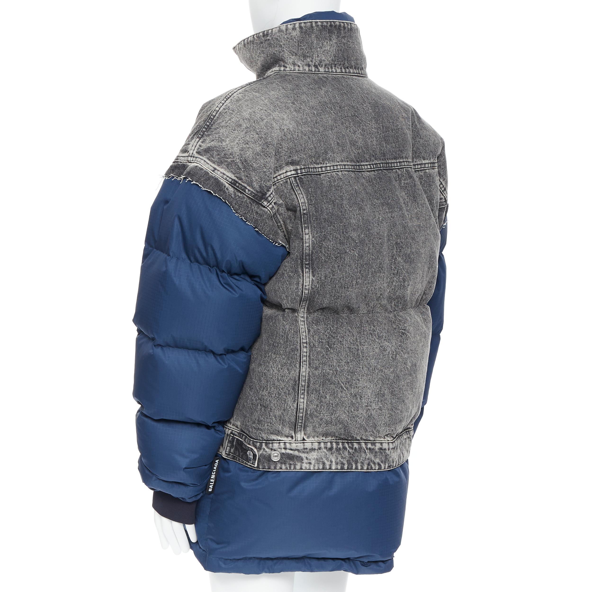 Blue new BALENCIAGA 2018 Fake Layering blue grey denim oversized down puffer XS For Sale