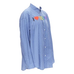 new BALENCIAGA 2018 I Love Techno embroidered blue check oversized shirt EU40