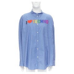 new BALENCIAGA 2018 I Love Techno embroidered blue check oversized shirt EU40