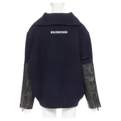 new BALENCIAGA 2018 navy wool leather cuff half zip box logo sweater FR36 XS