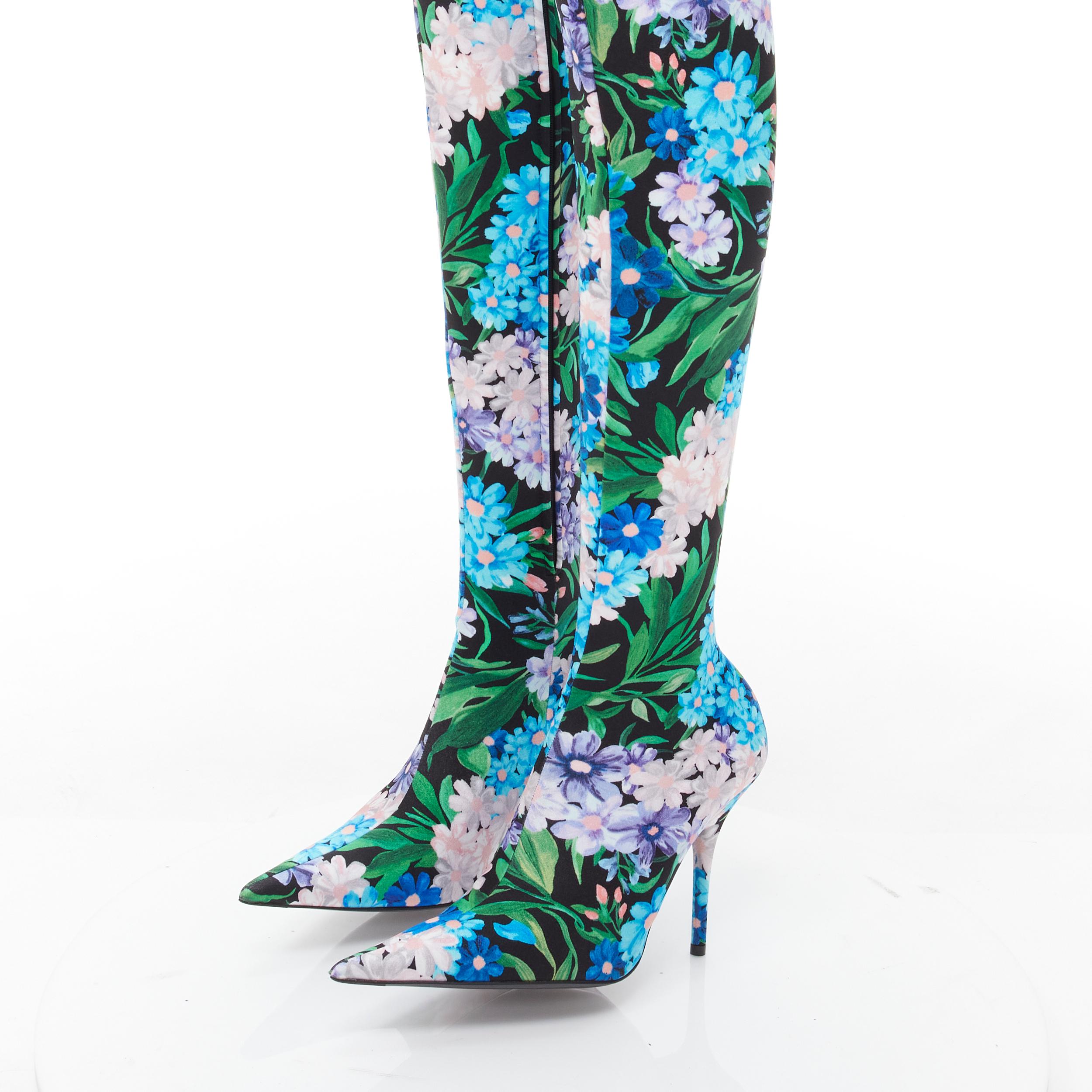 new BALENCIAGA 2018 Pantashoes Knife blue floral print spandex boots IT38 EU38 For Sale 2