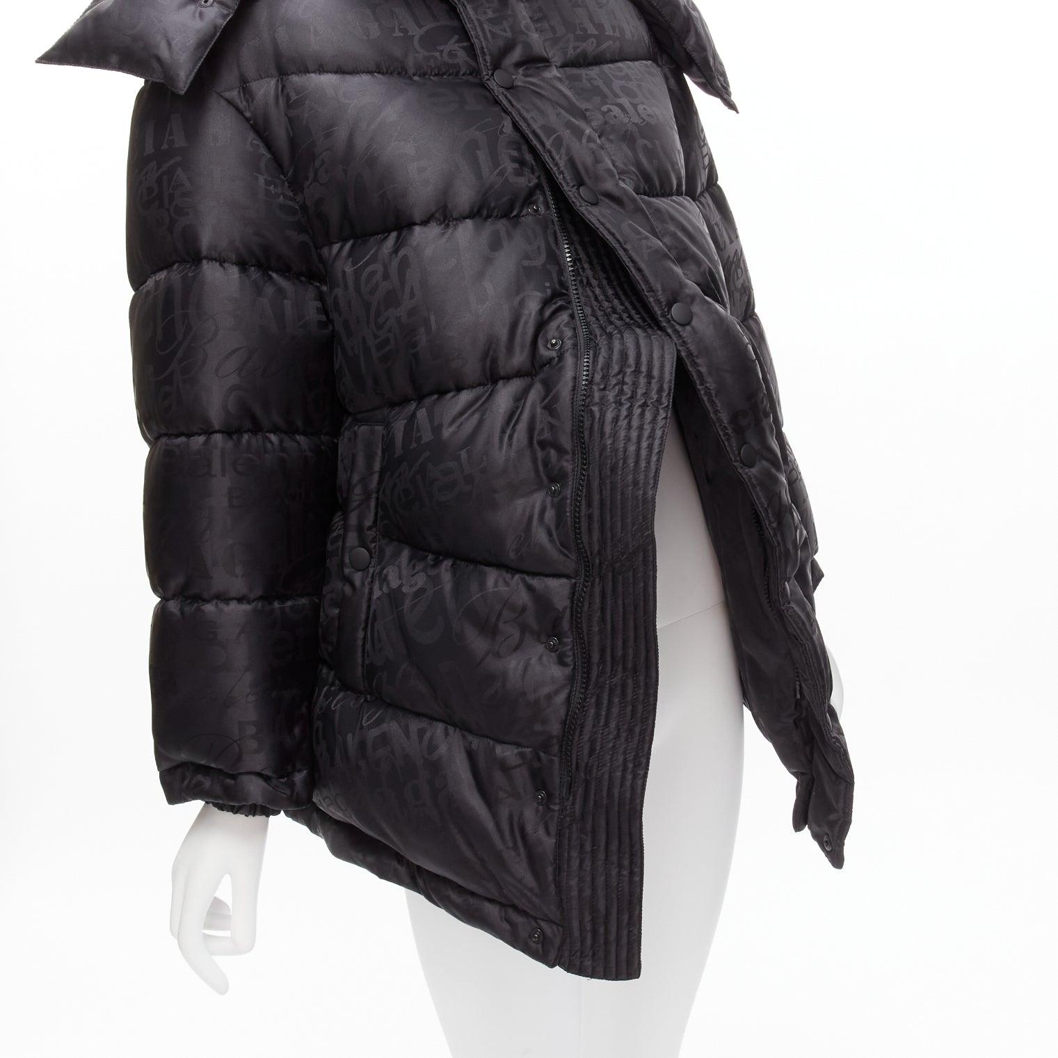 new BALENCIAGA 2019 black all logo jacquard Swing hooded quilted puffer coat FR3 For Sale 4