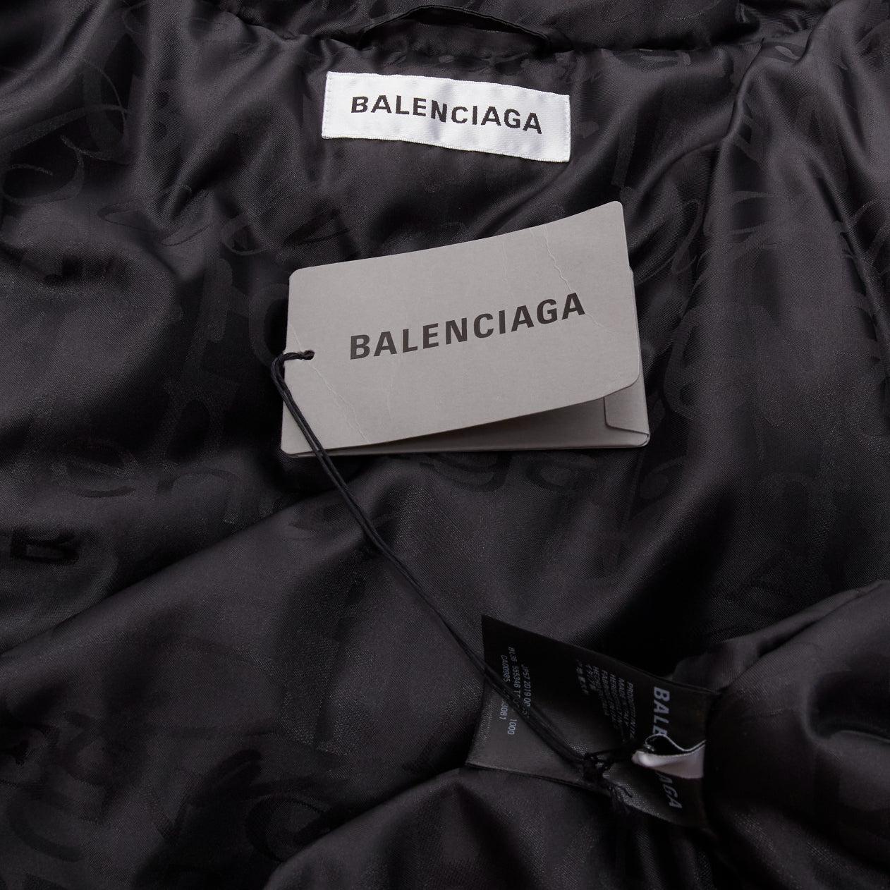 new BALENCIAGA 2019 black all logo jacquard Swing hooded quilted puffer coat FR3 For Sale 5