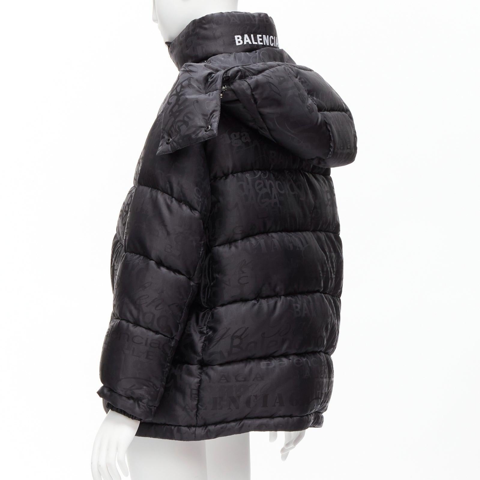 Women's new BALENCIAGA 2019 black all logo jacquard Swing hooded quilted puffer coat FR3