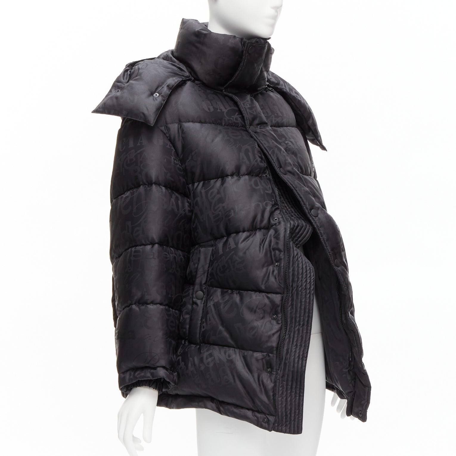 new BALENCIAGA 2019 black all logo jacquard Swing hooded quilted puffer coat FR3 For Sale 1