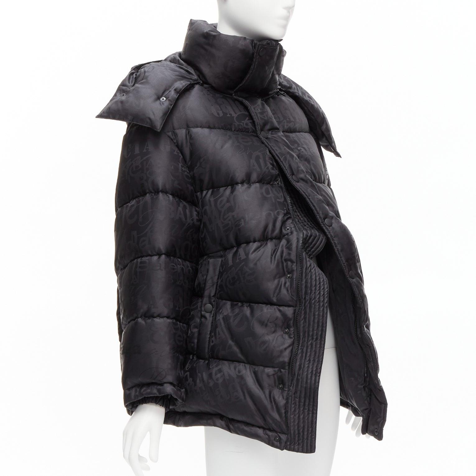 new BALENCIAGA 2019 black all logo jacquard Swing hooded quilted puffer coat FR3 1
