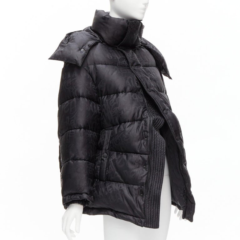 new BALENCIAGA 2019 black all logo jacquard Swing hooded quilted puffer  coat FR3 For Sale at 1stDibs | swing puffer coat, balenciaga puffer vest