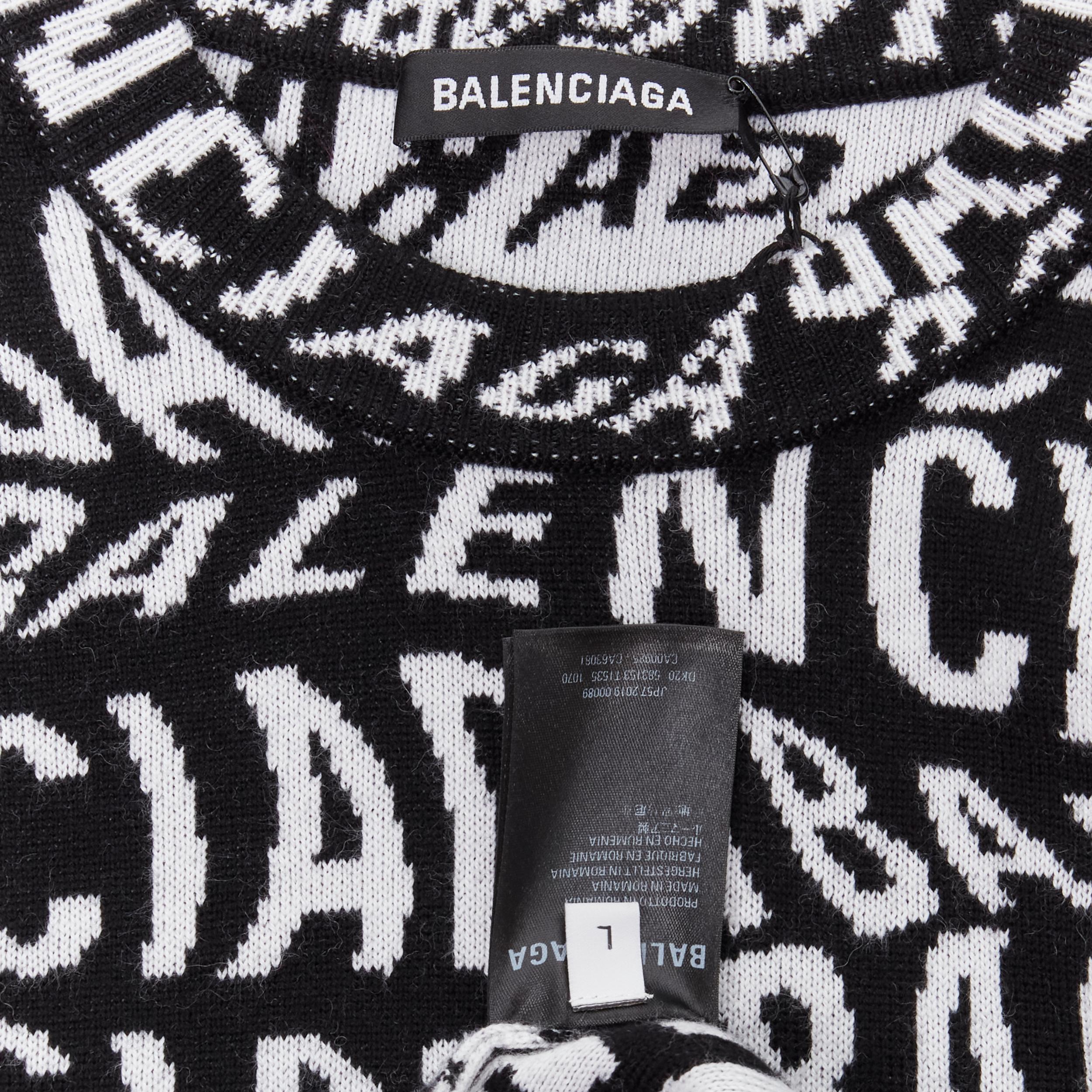 new BALENCIAGA 2019 Logo Wave optical illusion black white wool sweater pull L 2