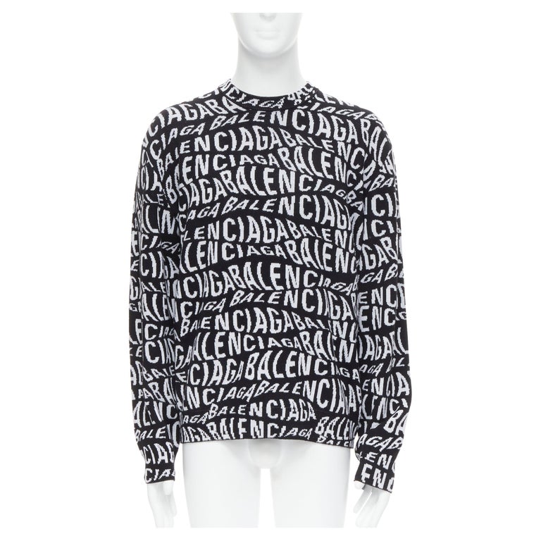new BALENCIAGA 2019 Logo Wave optical illusion black white wool sweater  pull L For Sale at 1stDibs