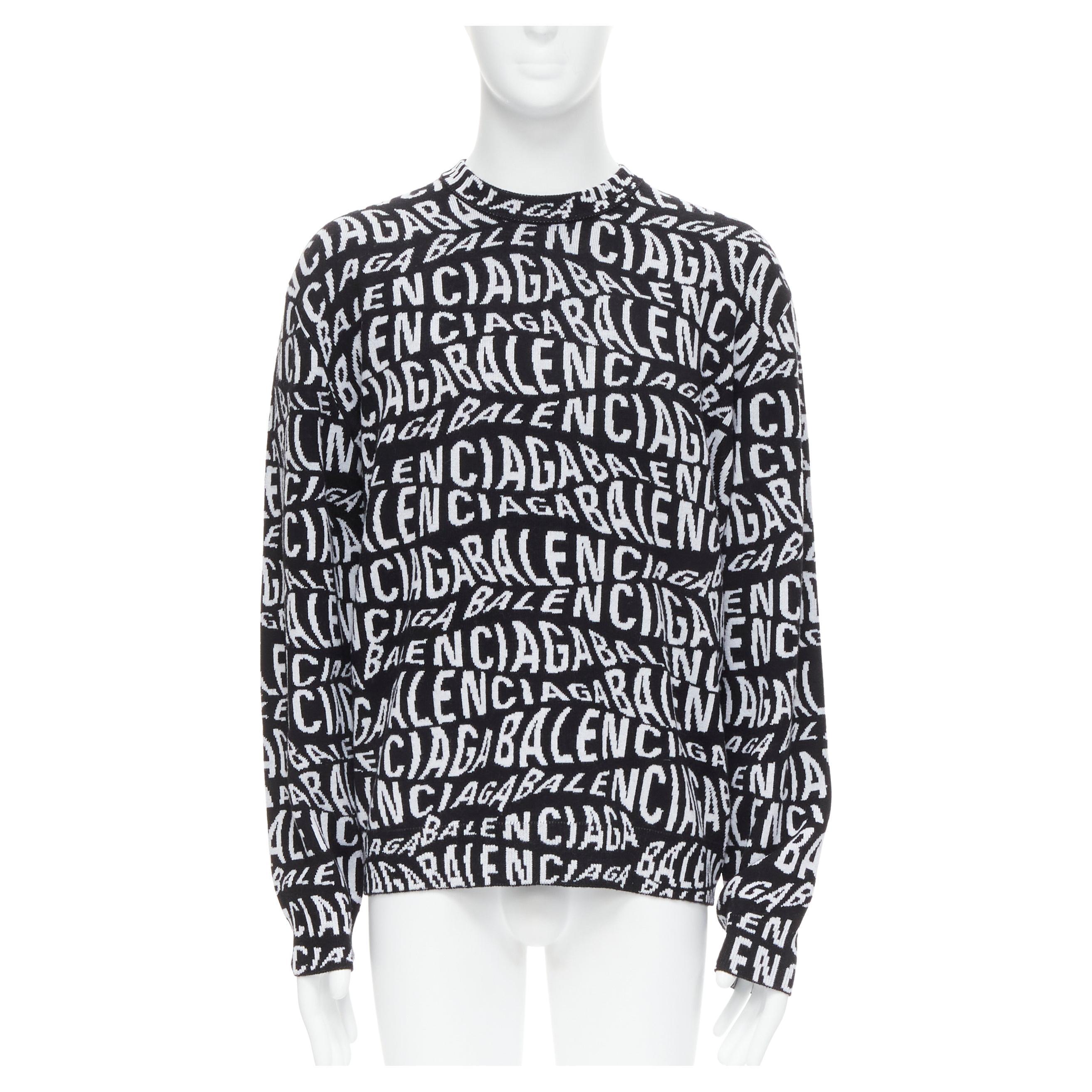 new BALENCIAGA 2019 Logo Wave optical illusion black white wool sweater  pull M For Sale at 1stDibs