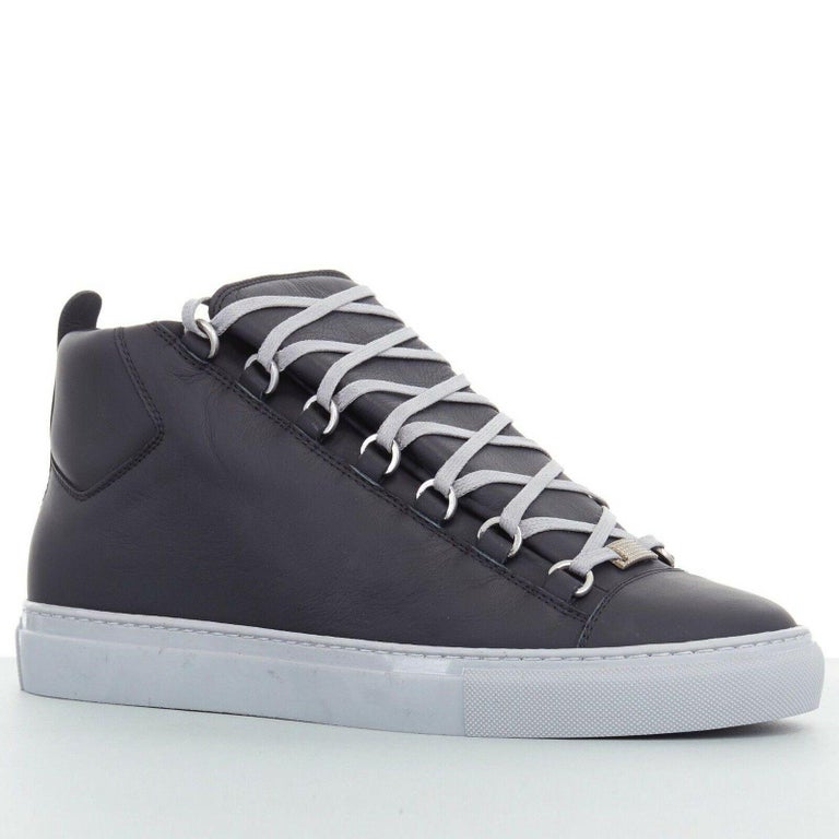 new BALENCIAGA Arena black leather grey outsole laced high top sneakers ...