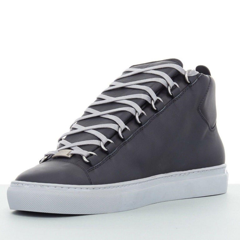 new BALENCIAGA Arena black leather grey outsole laced high top sneakers ...