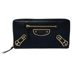 NOUVEAU Balenciaga Black Agneau Classic Leather Zip Around Wallet Clutch Bag