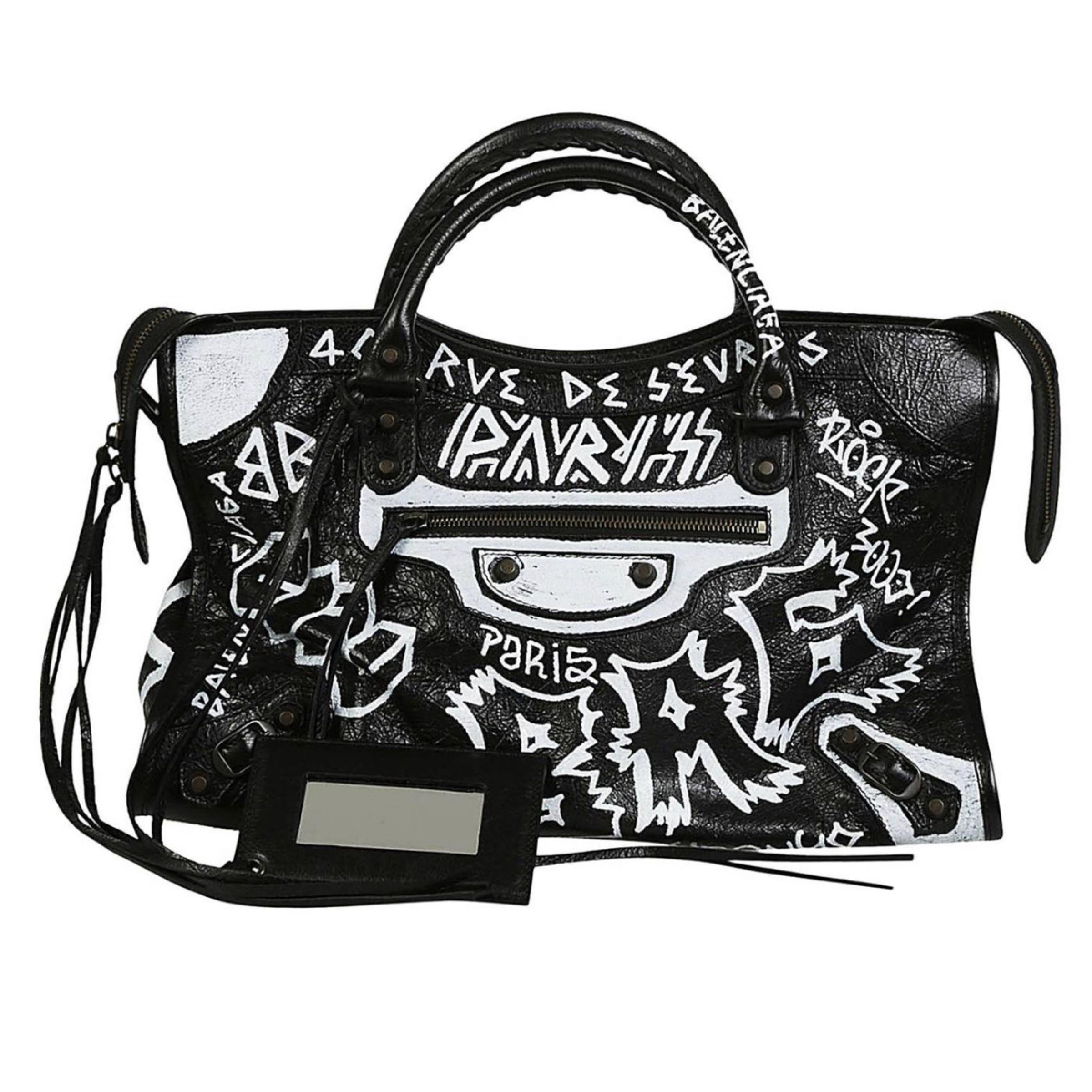 NEU Balenciaga Schwarz Agneau Graffiti All Over Leder Crossbody Umhängetasche im Zustand „Neu“ im Angebot in San Marcos, CA
