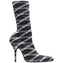 new BALENCIAGA black all-over logo print spandex high heel sock ankle boot EU39