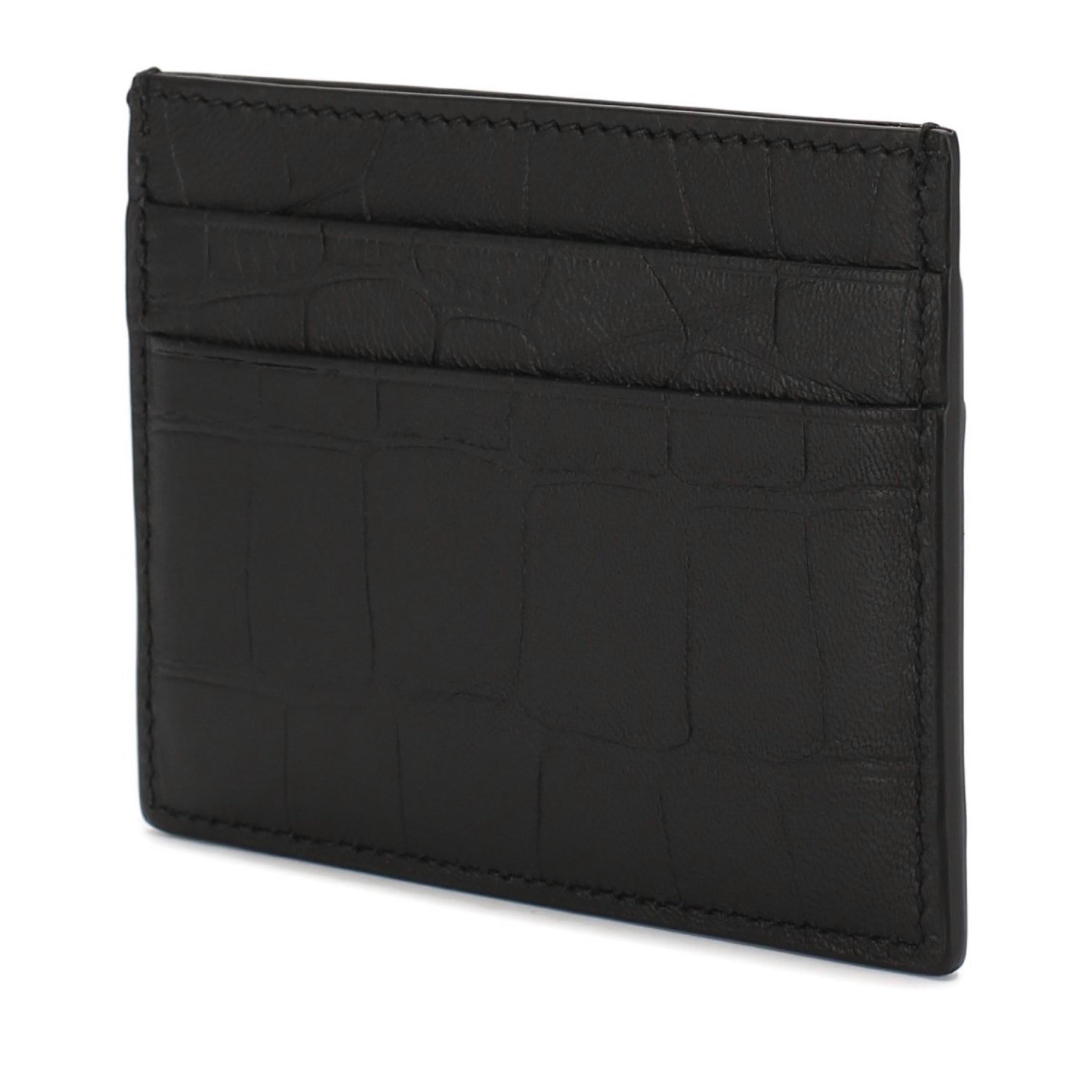 Women's or Men's NEW Balenciaga Black B Logo Crocodile Skin Embossed Leather Card Holder Wallet For Sale