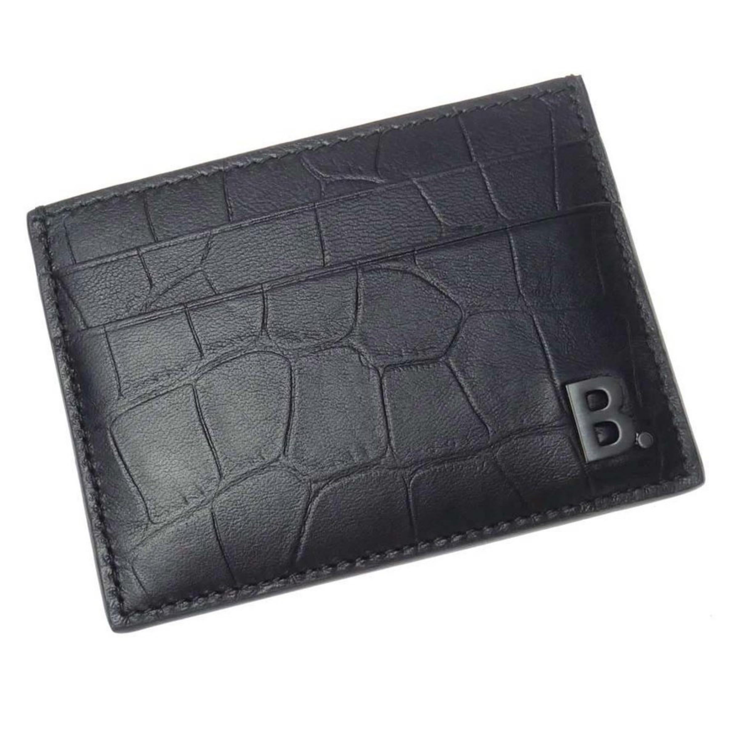 NEW Balenciaga Black B Logo Crocodile Skin Embossed Leather Card Holder Wallet For Sale 1