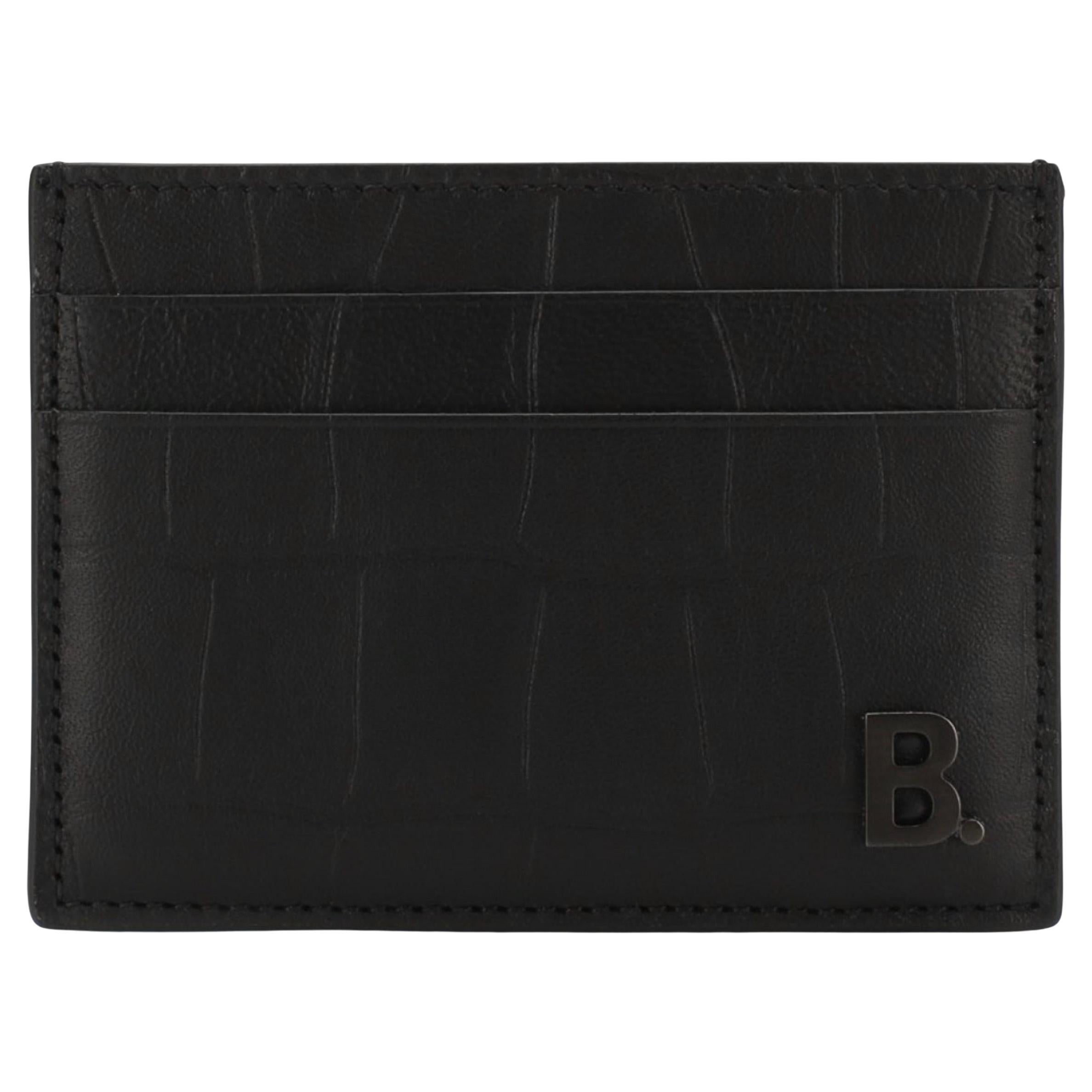 NEW Balenciaga Black B Logo Crocodile Skin Embossed Leather Card Holder Wallet For Sale