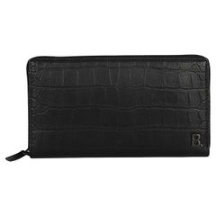 NEW Balenciaga Black B Crocodile Skin Embossed Leather Zip Around Clutch Bag