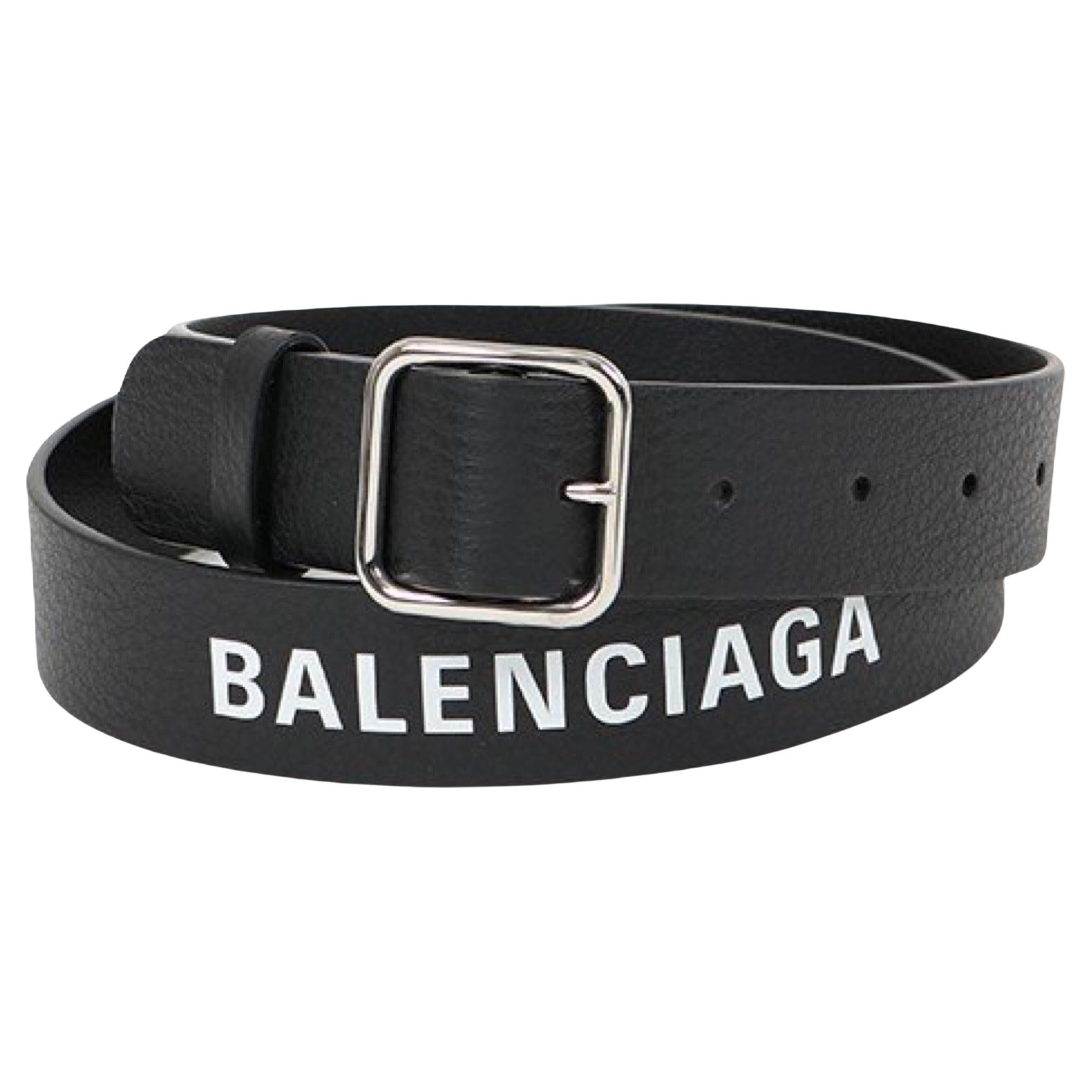 NEW Balenciaga Black Baltimore Printed Logo Leather Belt Size 90 EU For Sale