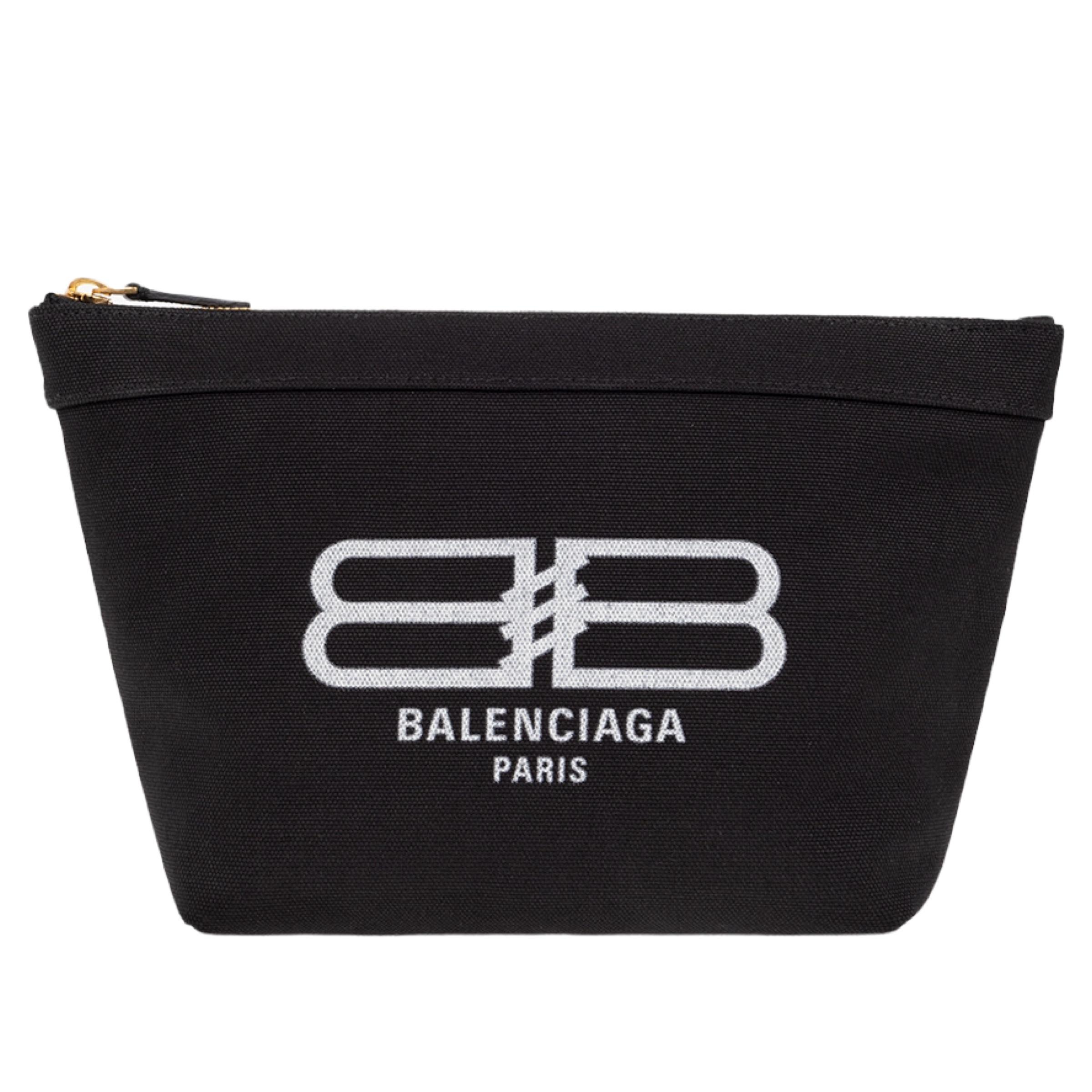 New Balenciaga Black BB Logo Print Small Jumbo Canvas Clutch Pouch Bag In New Condition For Sale In San Marcos, CA
