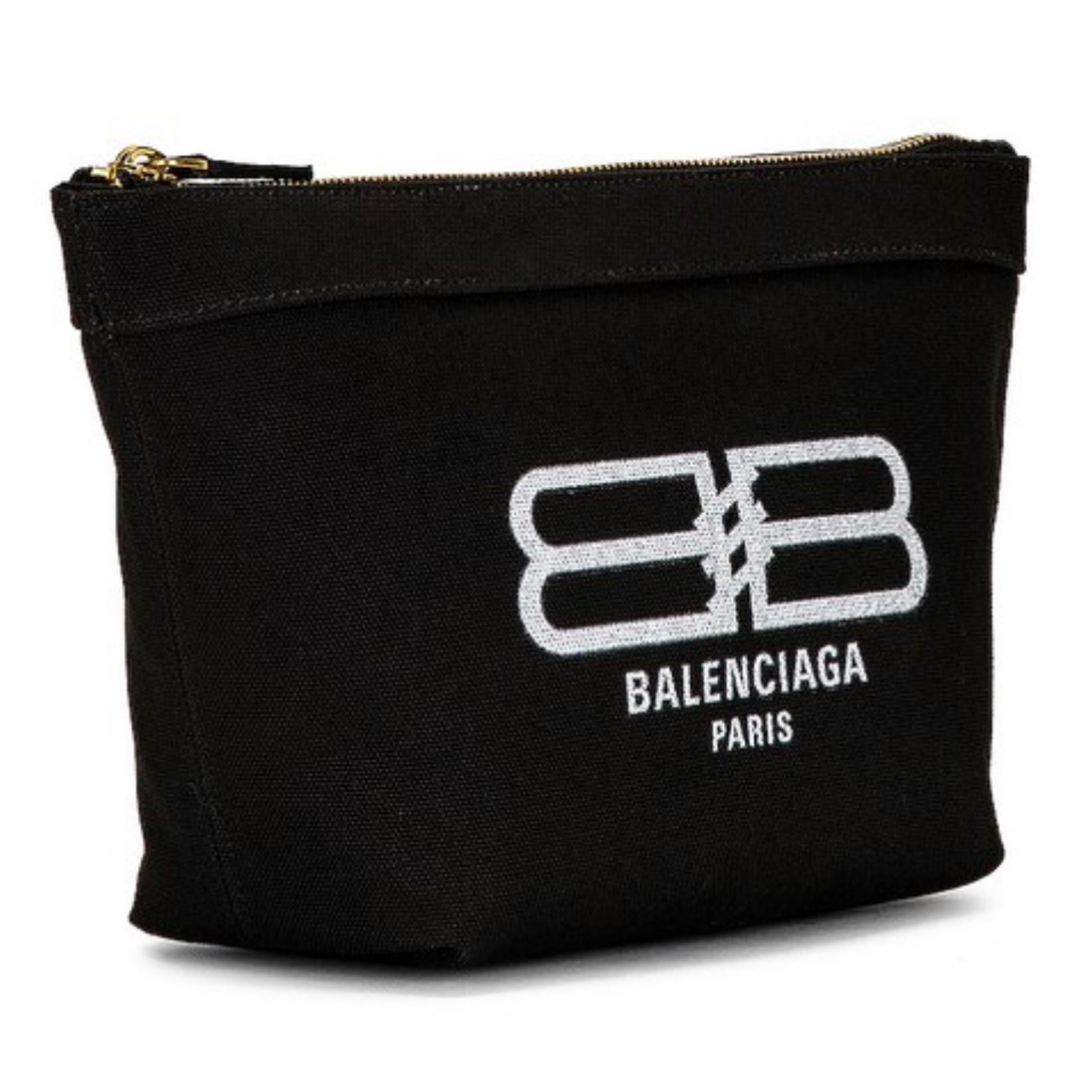 New Balenciaga Black BB Logo Print Small Jumbo Canvas Clutch Pouch Bag For Sale 1