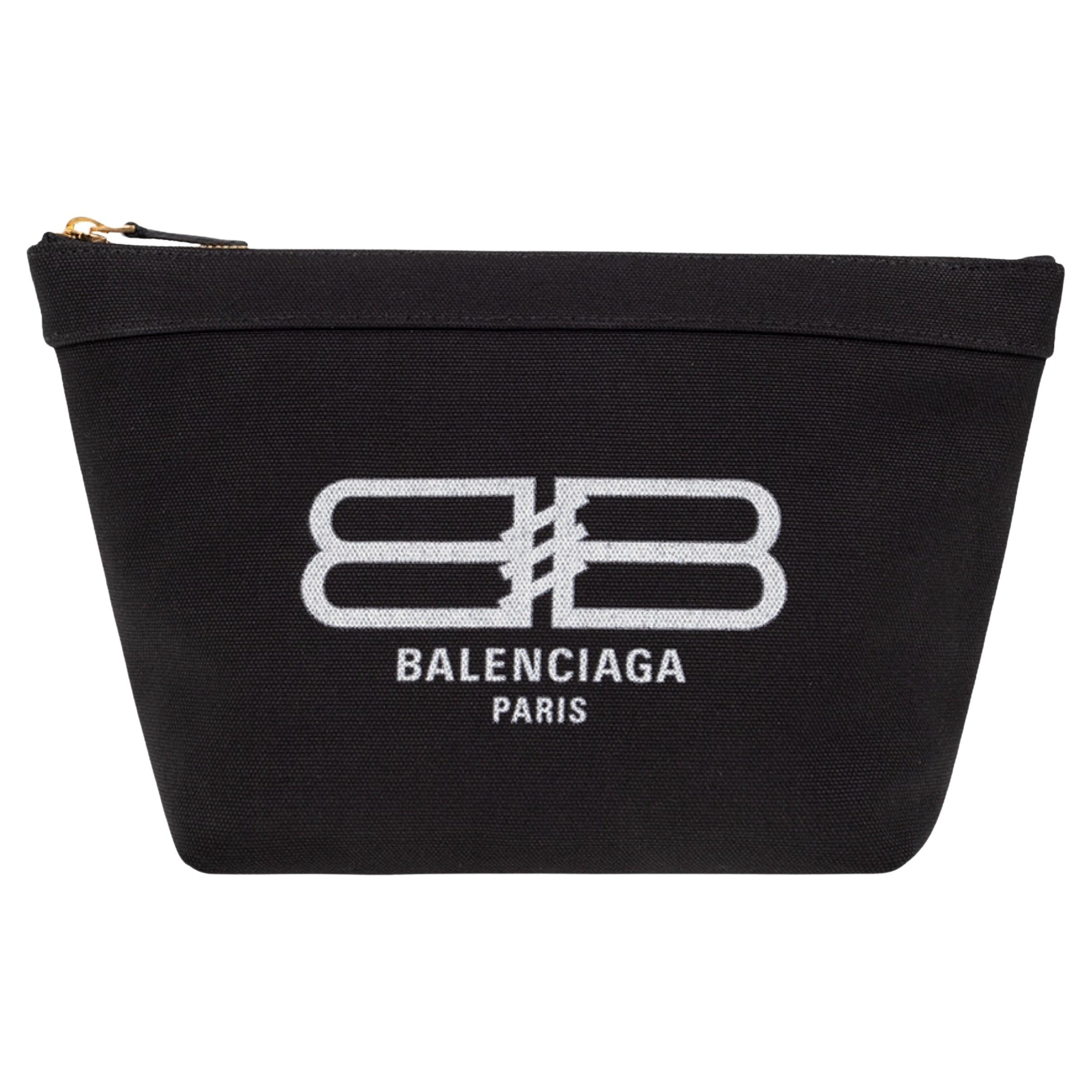 New Balenciaga Black BB Logo Print Small Jumbo Canvas Clutch Pouch Bag For Sale