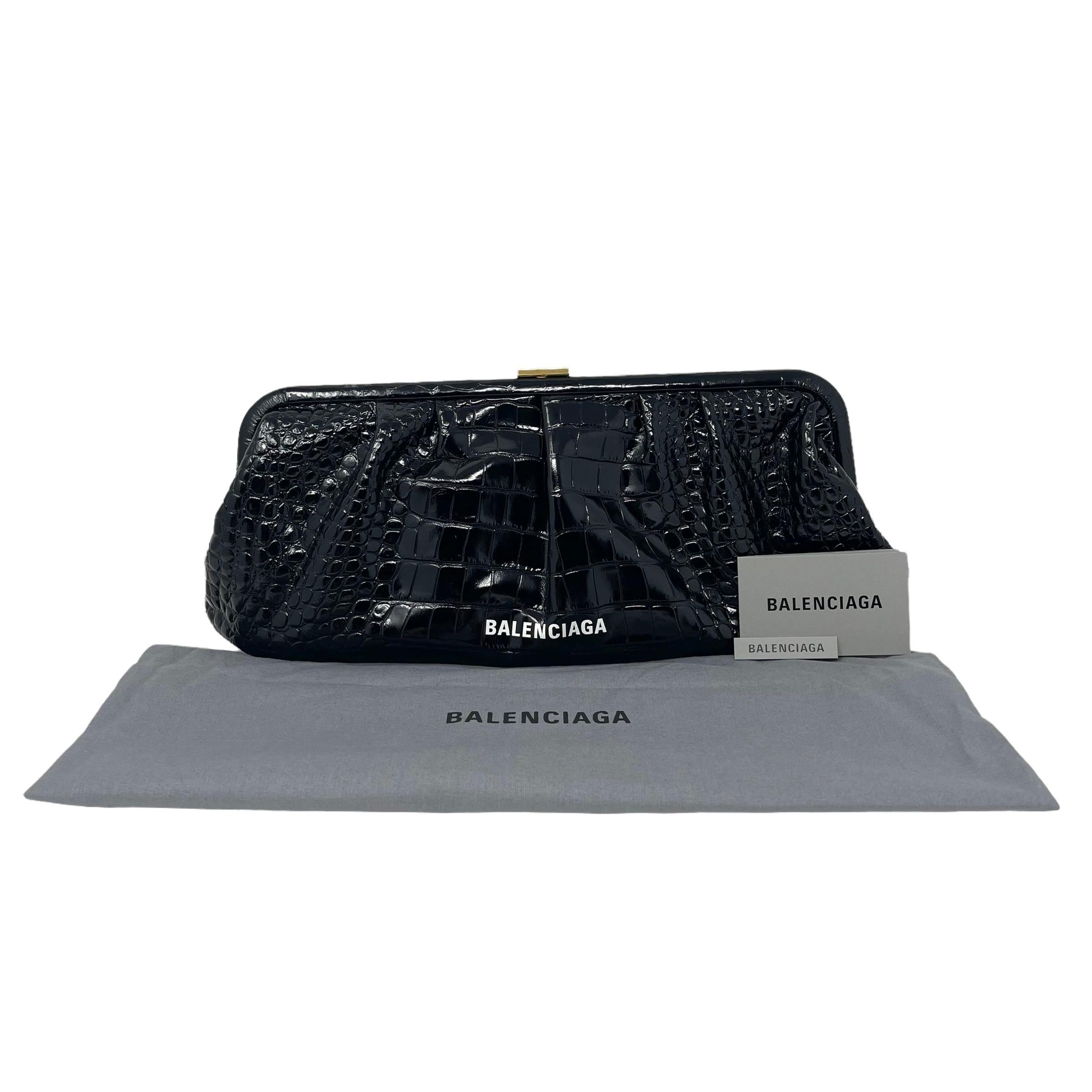 NEW Balenciaga Black Cloud XL Crocodile Pattern Leather Clutch Crossbody Bag For Sale 8