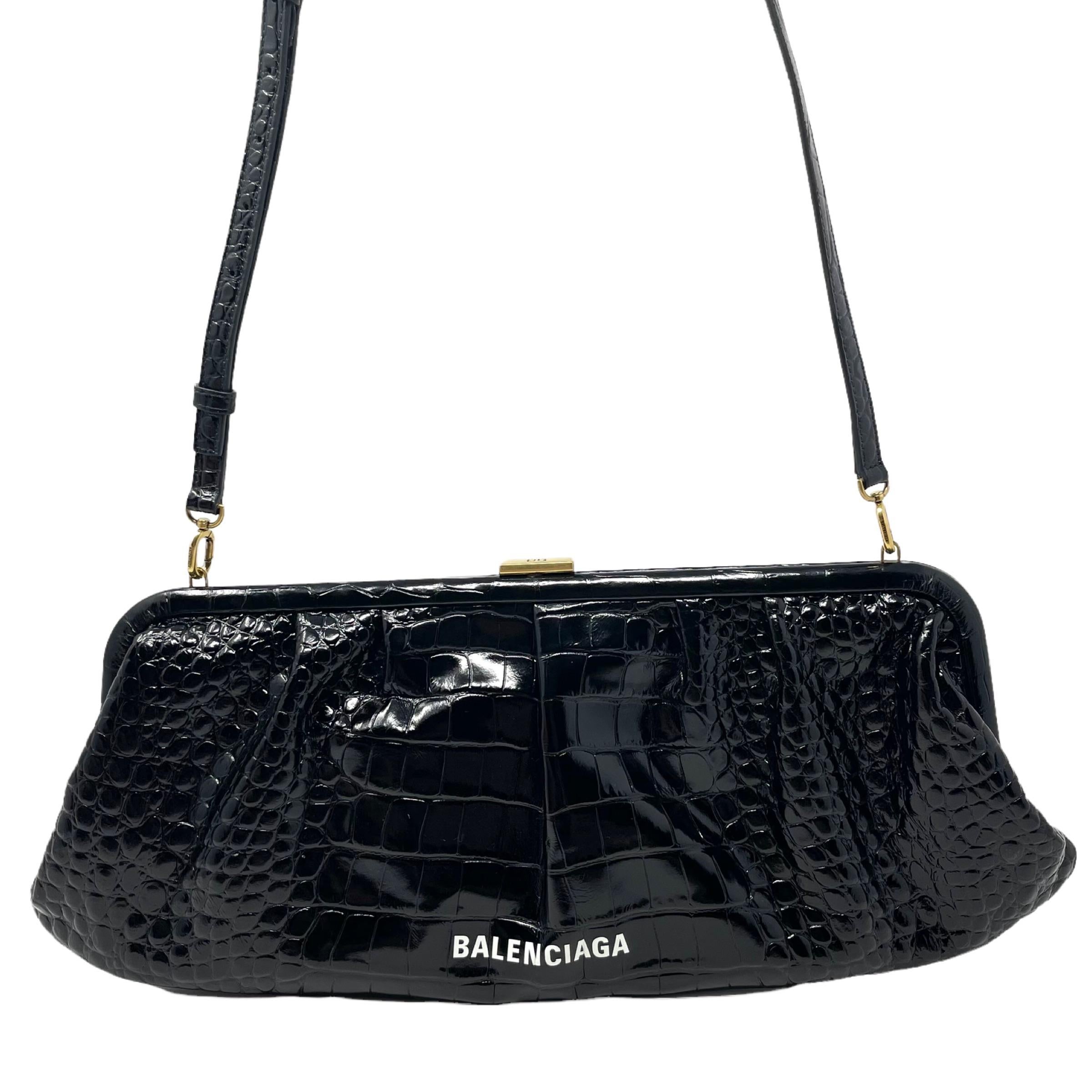 NEW Balenciaga Black Cloud XL Crocodile Pattern Leather Clutch Crossbody Bag For Sale 1
