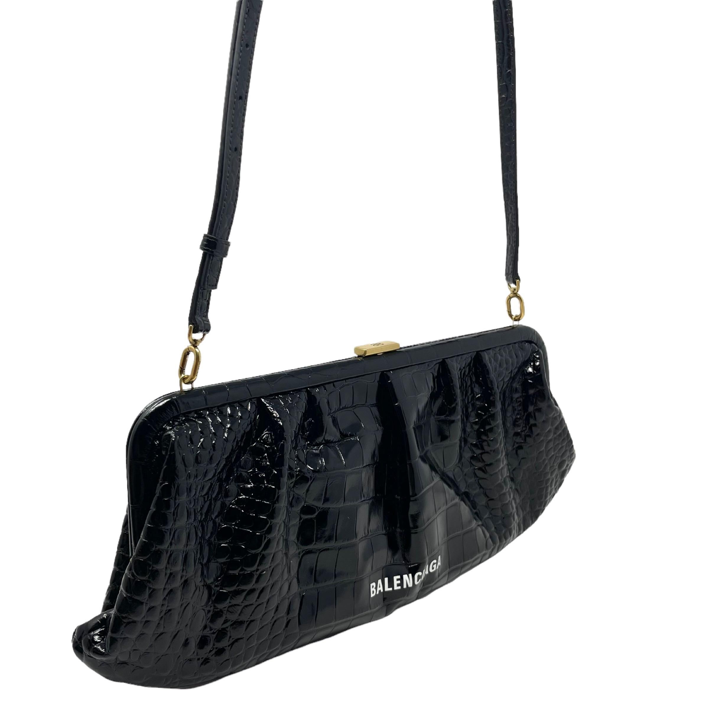 NEW Balenciaga Black Cloud XL Crocodile Pattern Leather Clutch Crossbody Bag For Sale 2