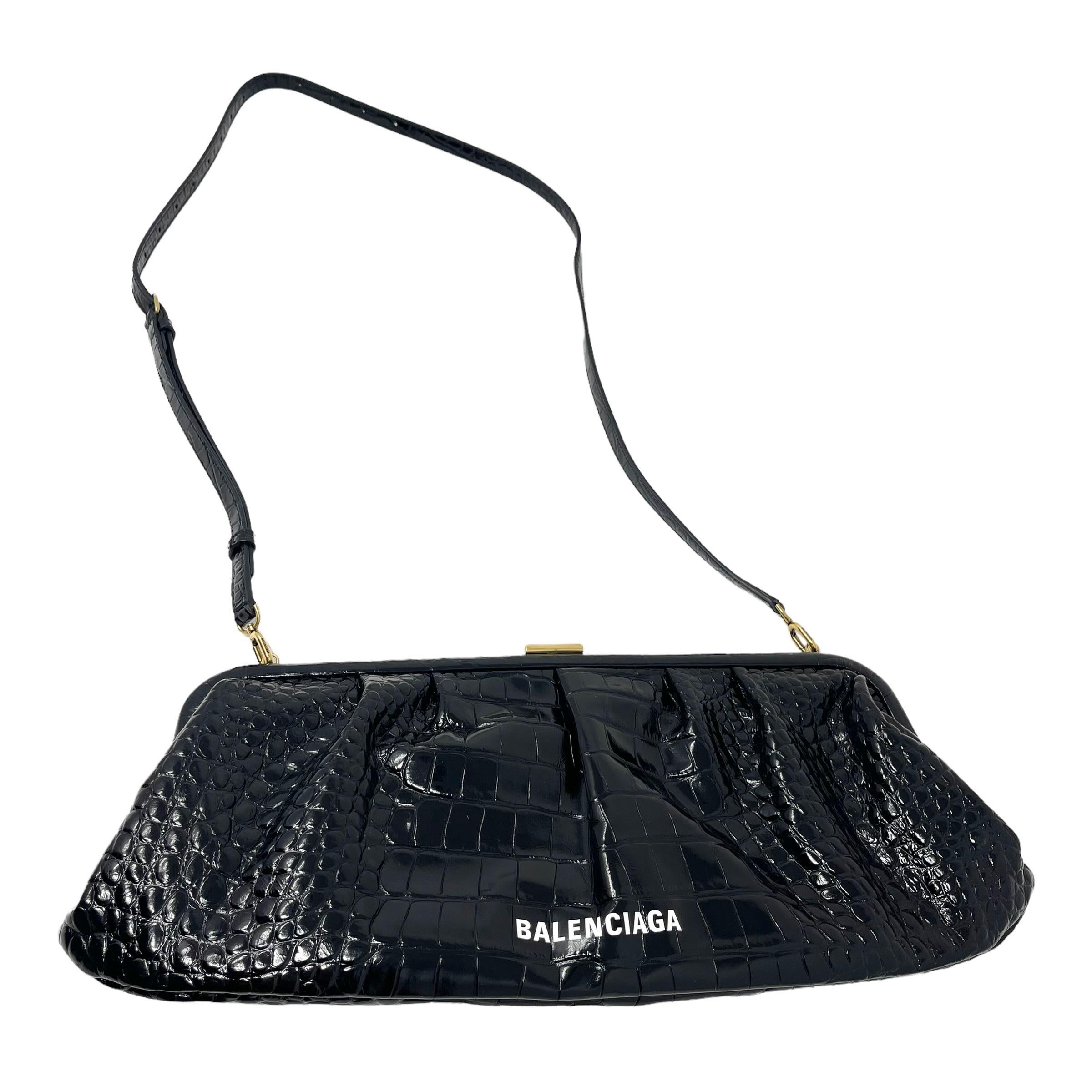 NEW Balenciaga Black Cloud XL Crocodile Pattern Leather Clutch Crossbody Bag For Sale 3