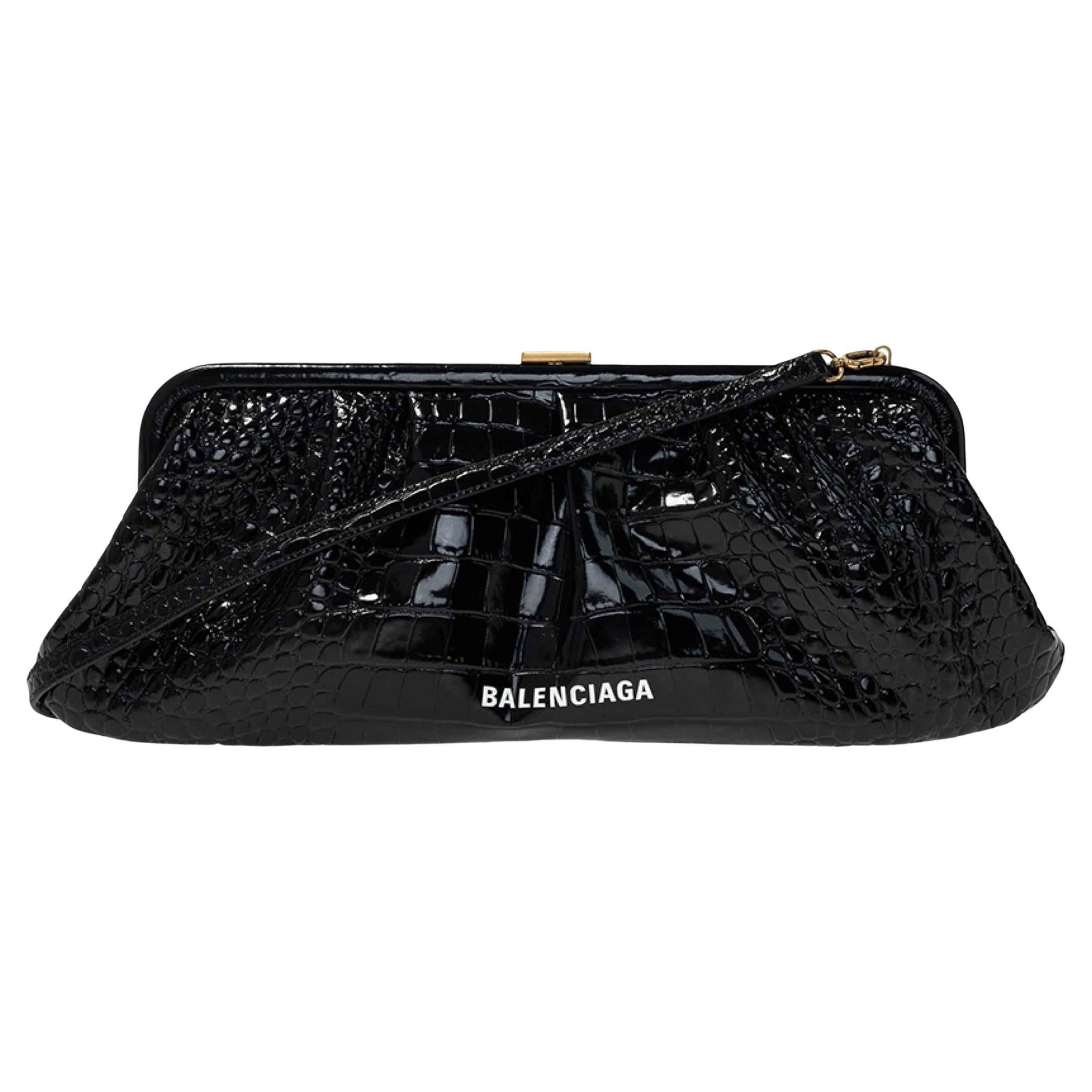 NEW Balenciaga Black Cloud XL Crocodile Pattern Leather Clutch Crossbody Bag For Sale