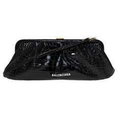 NEW Balenciaga Black Cloud XL Crocodile Pattern Leather Clutch Crossbody Bag