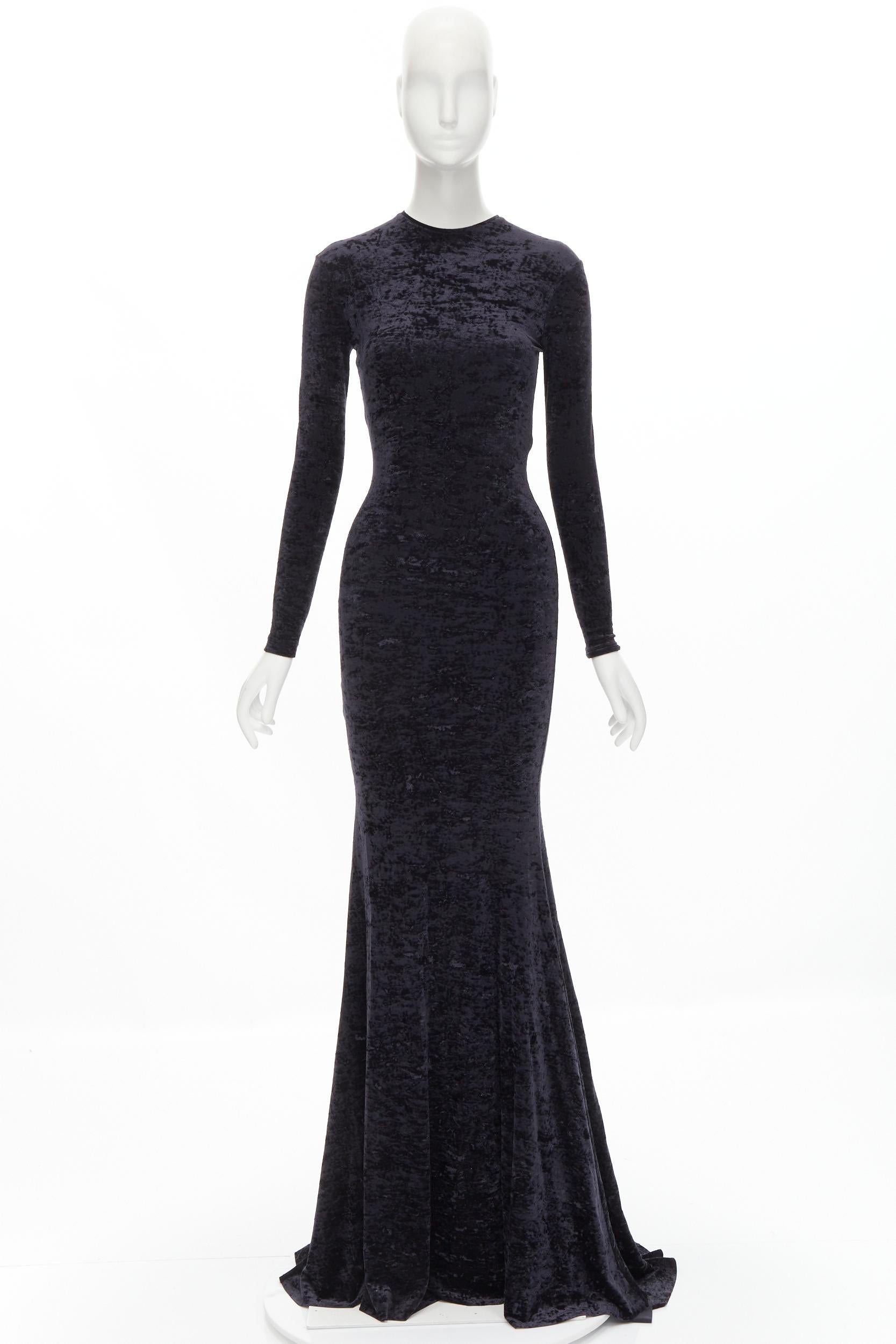 new BALENCIAGA black crushed velvet long sleeve train evening gown dress FR36 S 2