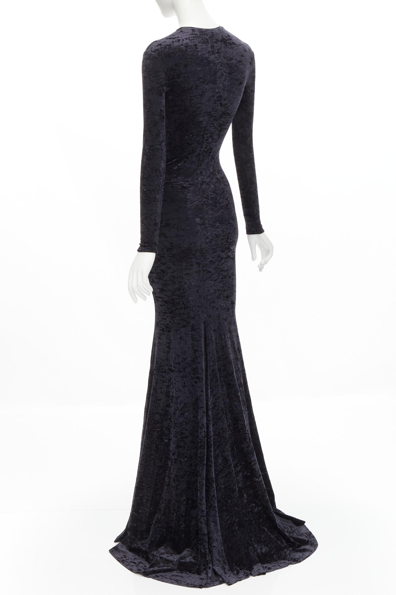 Black new BALENCIAGA black crushed velvet long sleeve train evening gown dress FR36 S