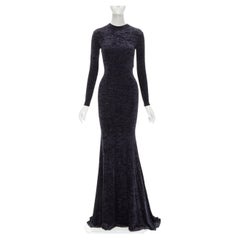 new BALENCIAGA black crushed velvet long sleeve train evening gown dress FR36 S