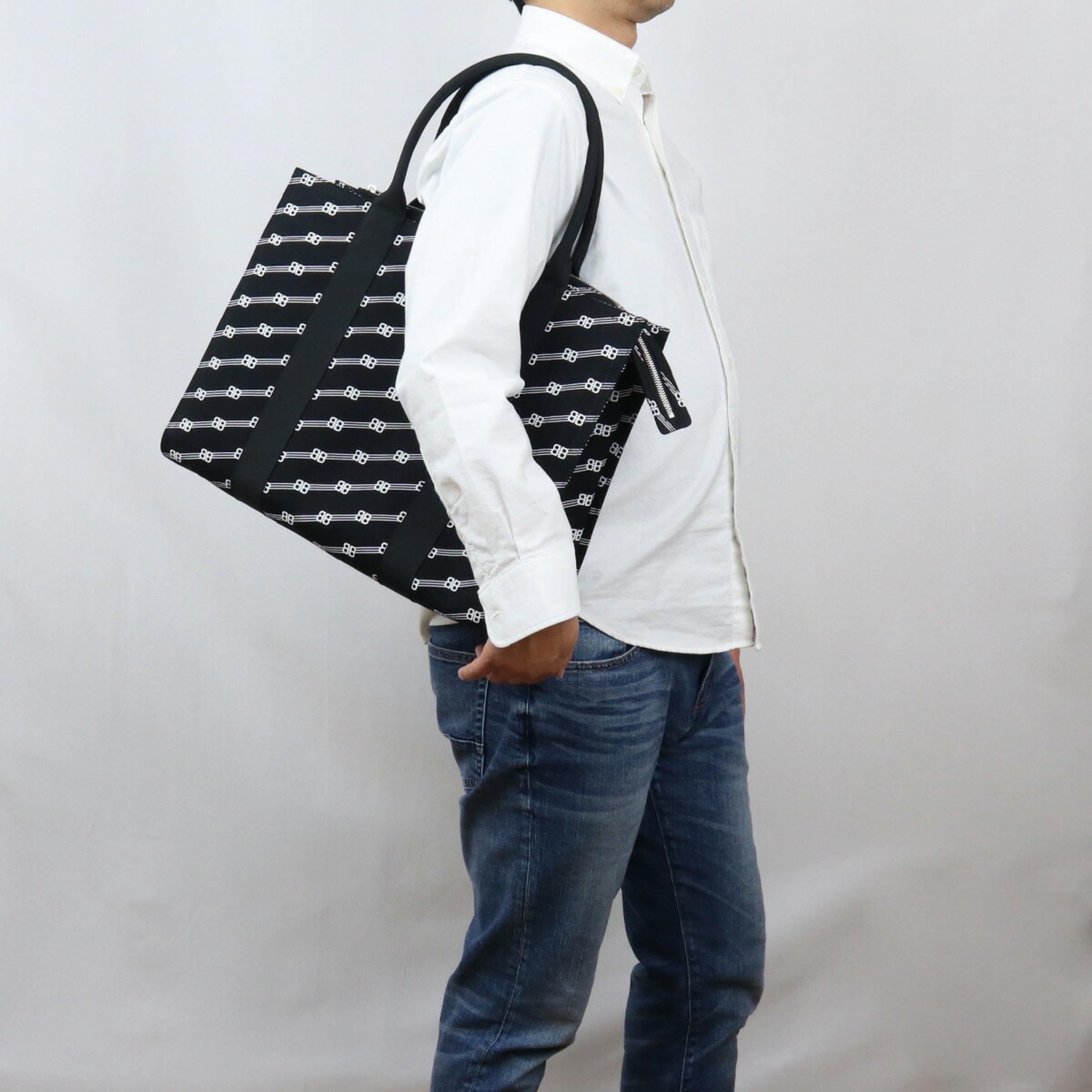NEW Balenciaga Black Large Diagonal Monogram BB Logo Canvas Tote Shoulder Bag For Sale 7