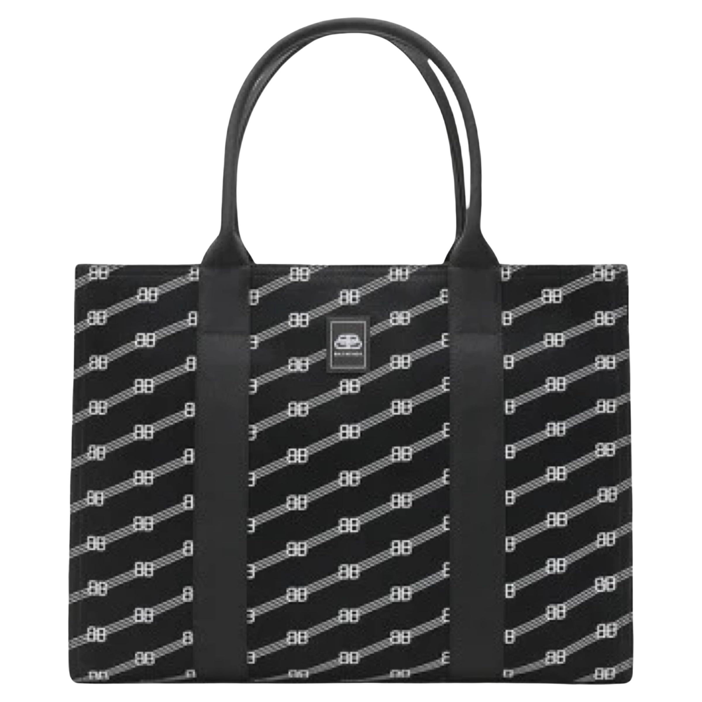 NEW Balenciaga Black Large Diagonal Monogram BB Logo Canvas Tote Shoulder Bag For Sale
