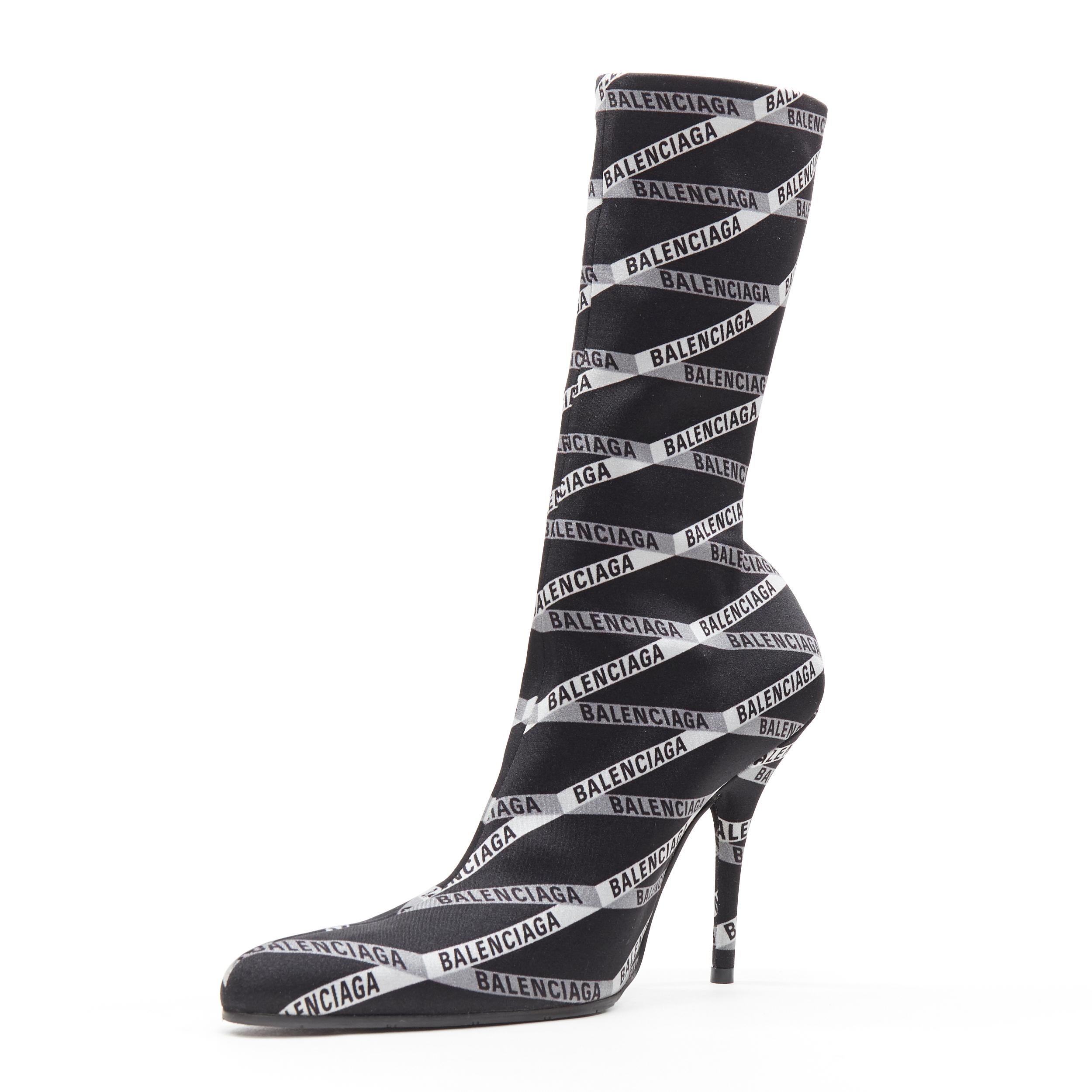 new BALENCIAGA black logo ribbon print spandex high heel sock ankle boot  EU38