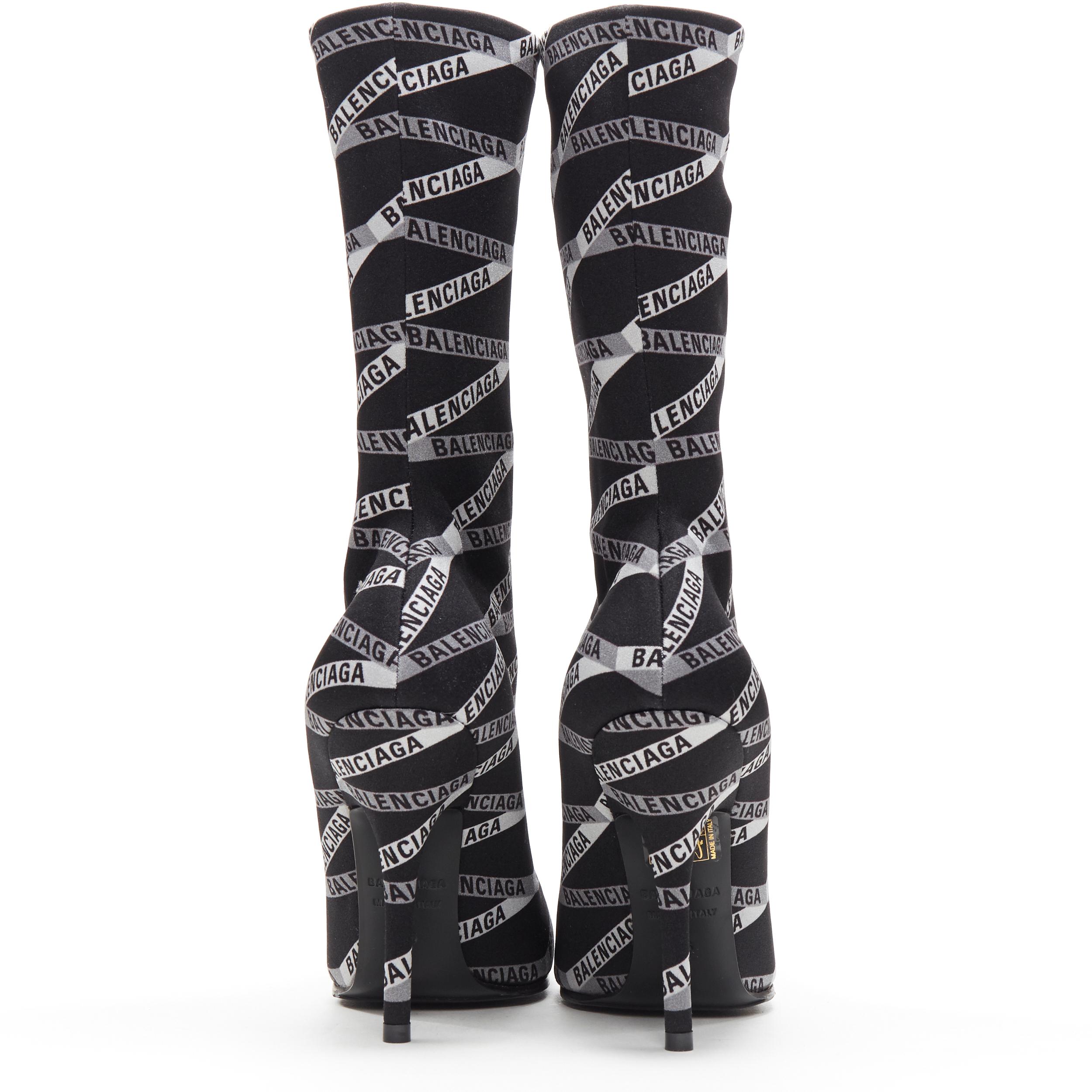 new BALENCIAGA black logo ribbon print spandex high heel sock