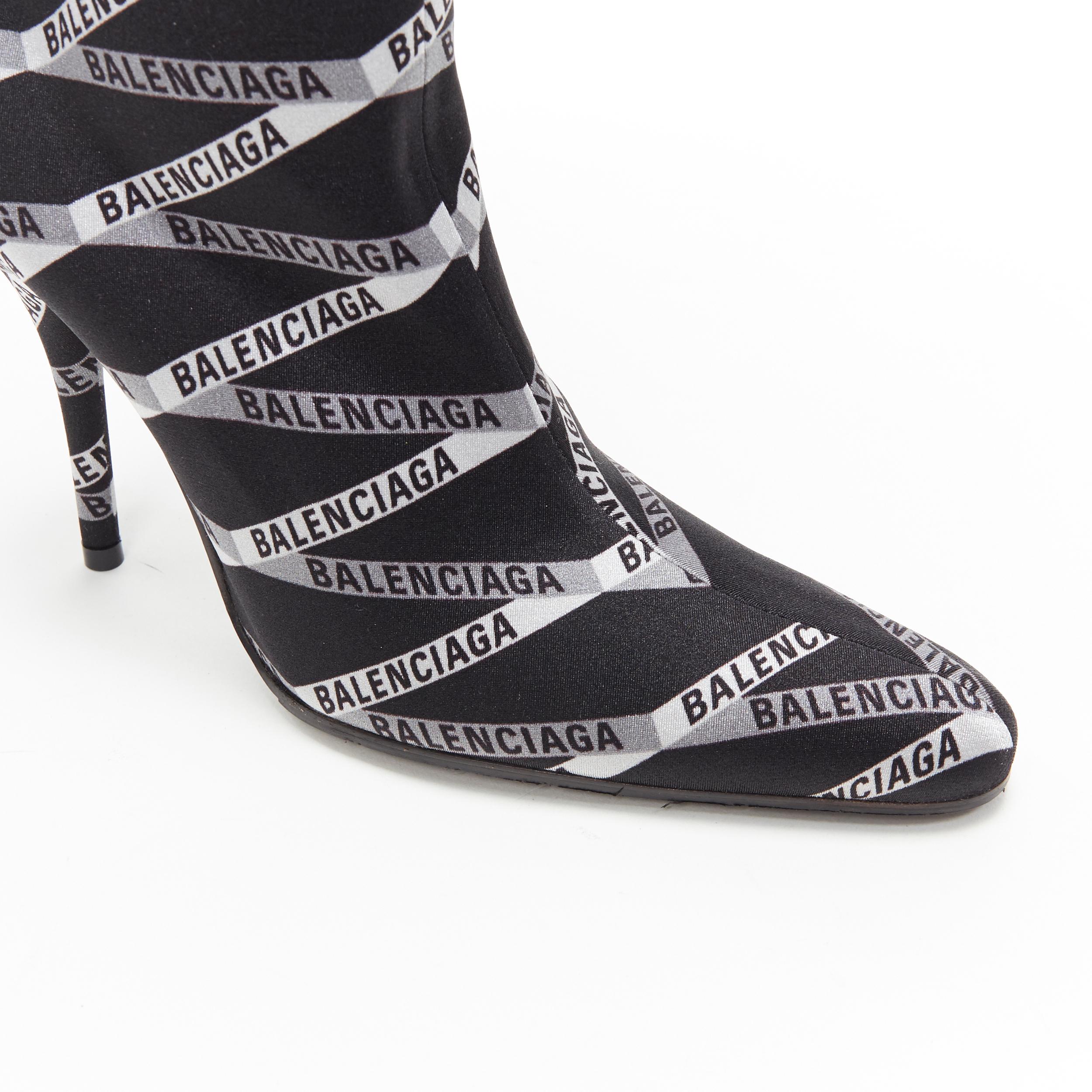 new BALENCIAGA black logo ribbon print spandex high heel sock ankle boot EU38