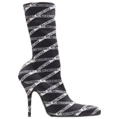 new BALENCIAGA black logo ribbon print spandex high heel sock ankle boot EU38