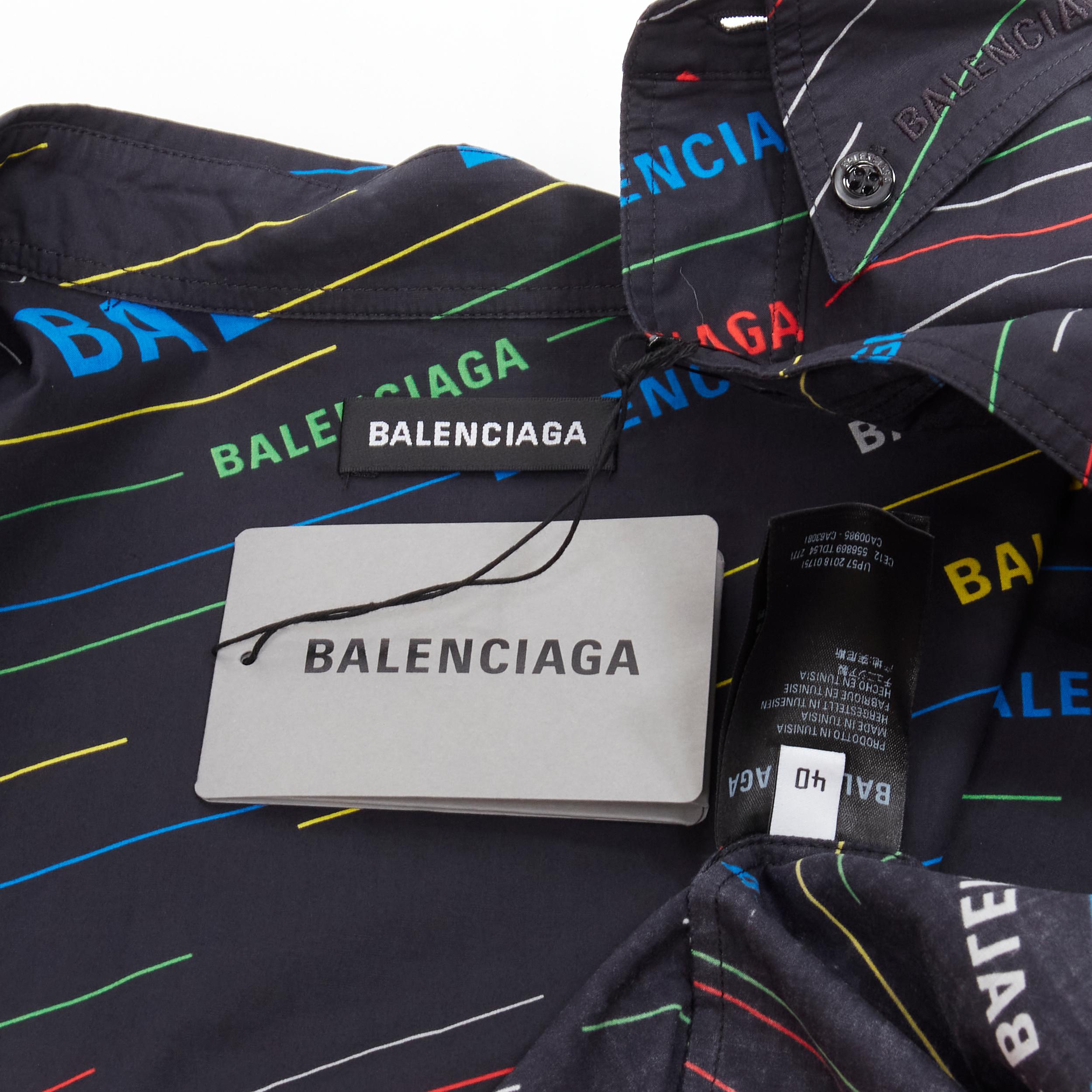 new BALENCIAGA black multicolor logo monogram stipe print boxy shirt EU40 M For Sale 2