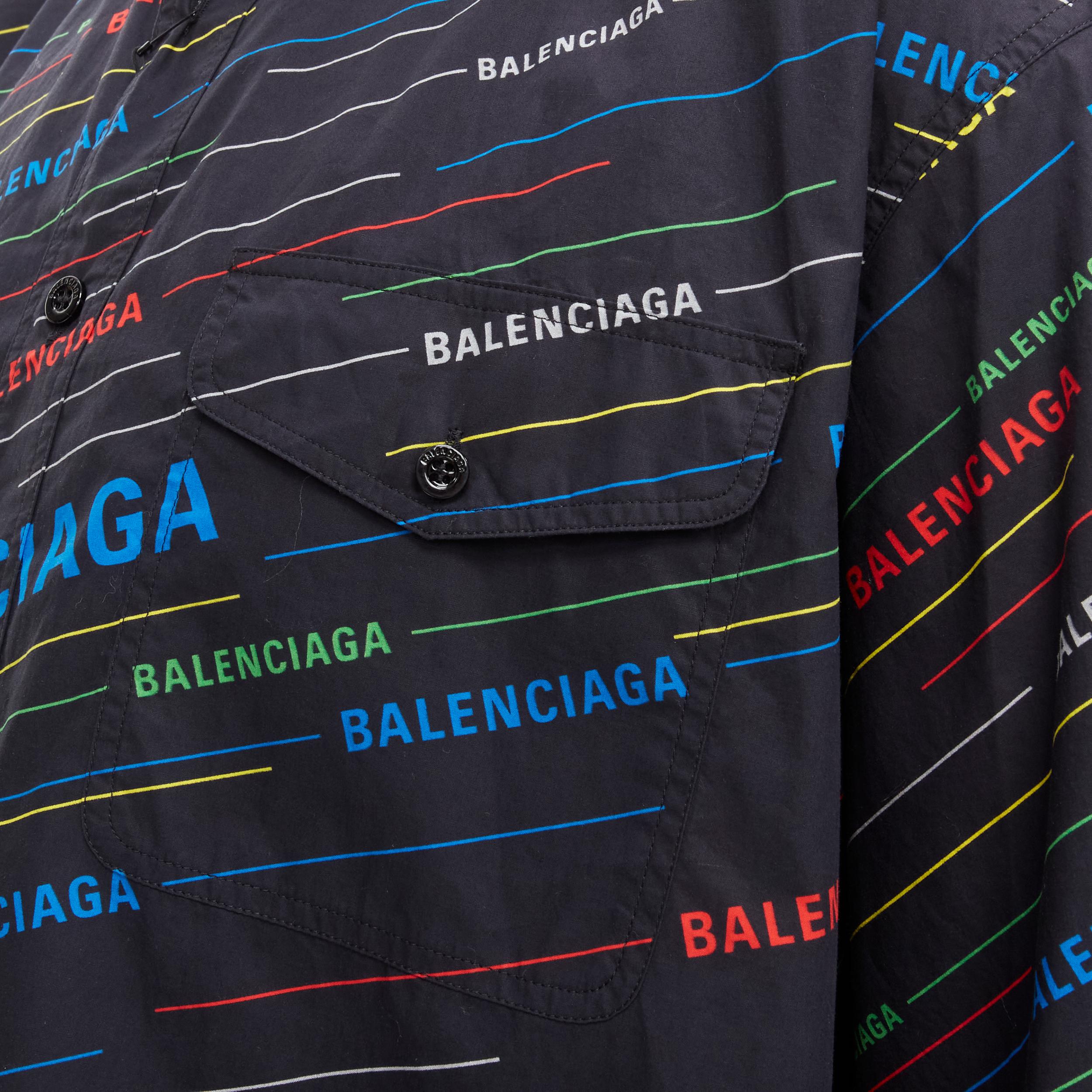 new BALENCIAGA black multicolor logo monogram stipe print boxy shirt EU40 M In New Condition For Sale In Hong Kong, NT