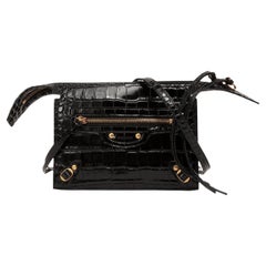 NEW Balenciaga Black Neo Classic Crocodile Pattern Leather Crossbody Bag