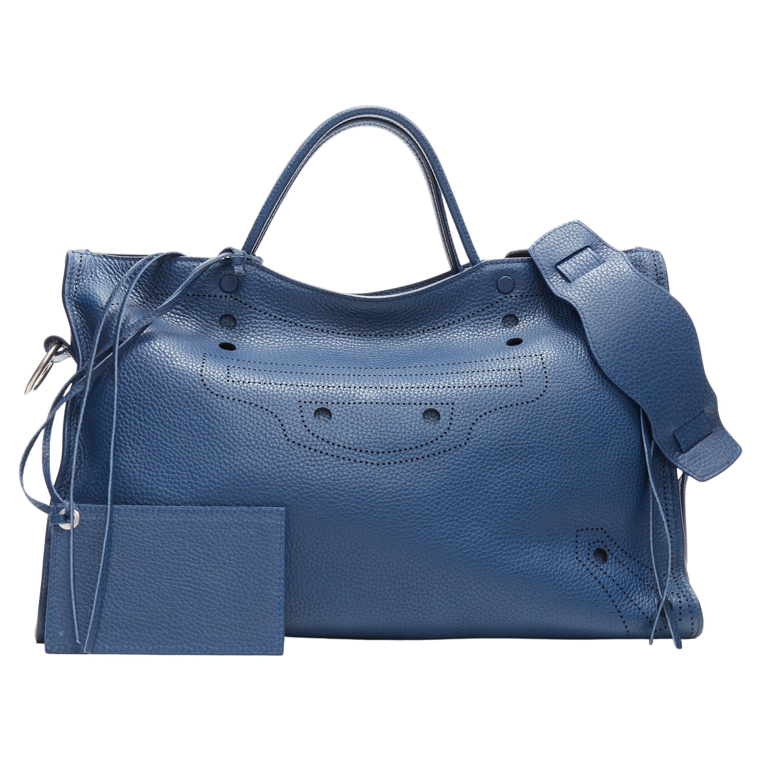 new BALENCIAGA Blackout navy blue pebble leather stud-free shadow moto city  bag For Sale at 1stDibs
