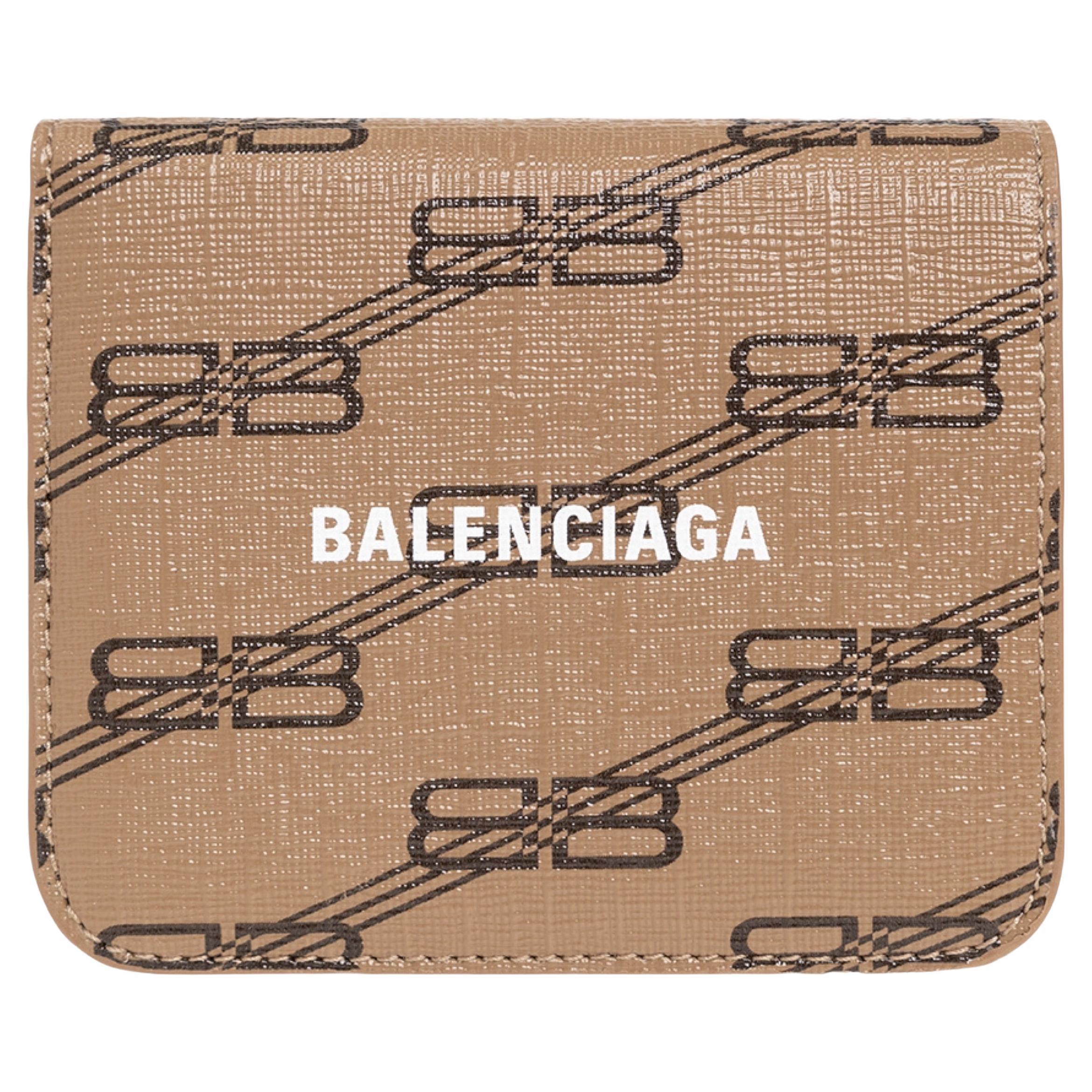 New Balenciaga Brown Monogram BB Logo Print Leather Bifold Wallet For Sale