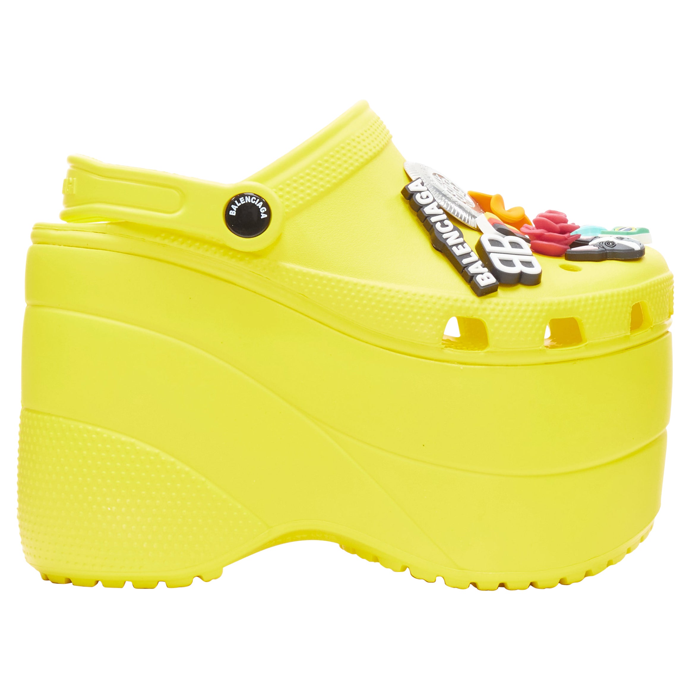 BALENCIAGA CROCS Sandales à plateforme gibbet avec logo jaune, défilé 2018, rare EU35